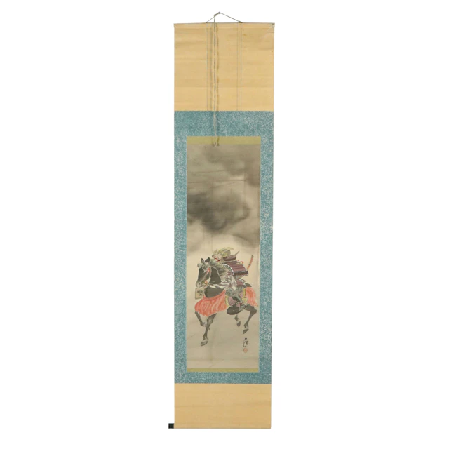Japanese Ink Wash and Watercolor Silk Scroll Painting of Samurai on Horseback