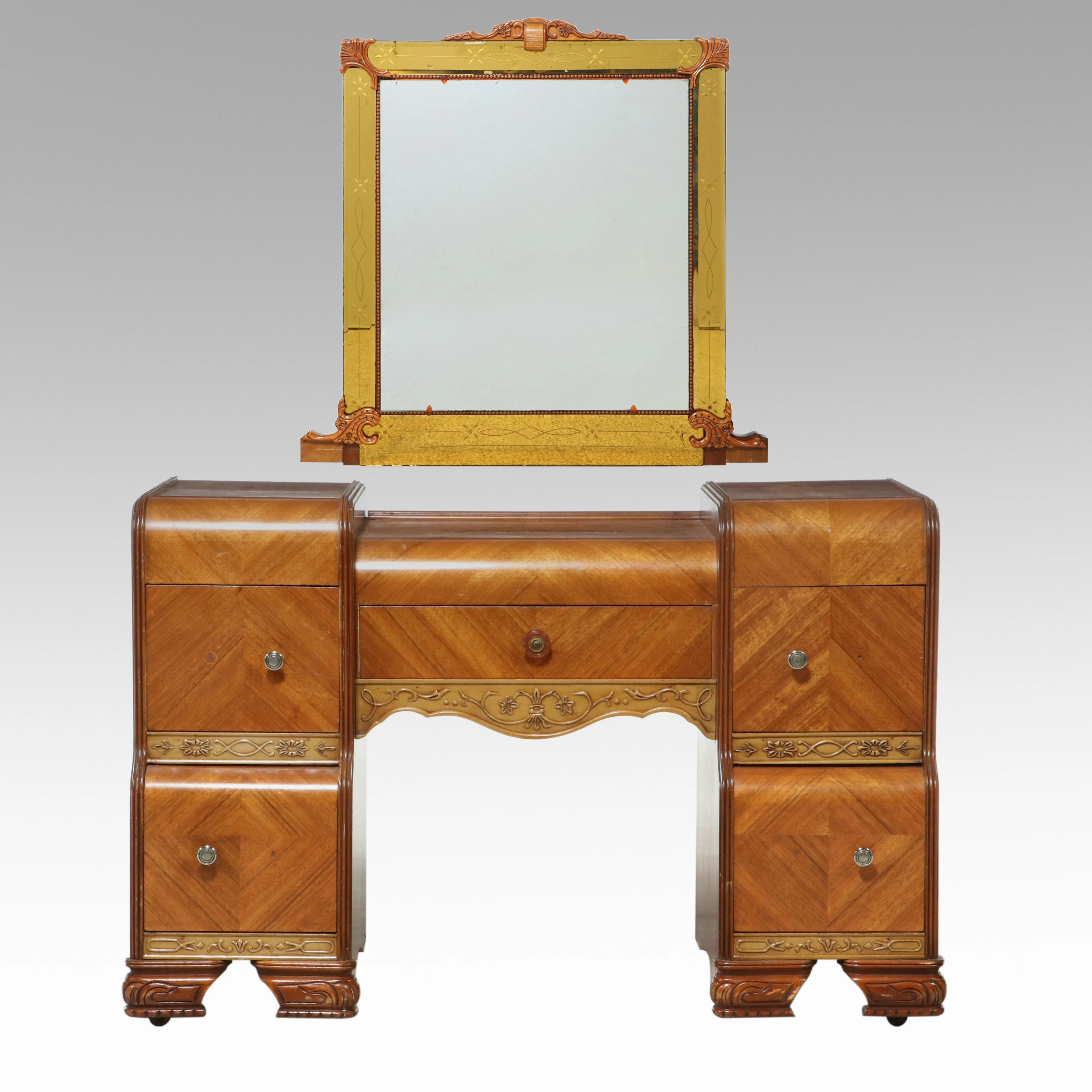 Art Deco Waterfall Front Walnut Vanity Table with Mirror, Early 20th Century
