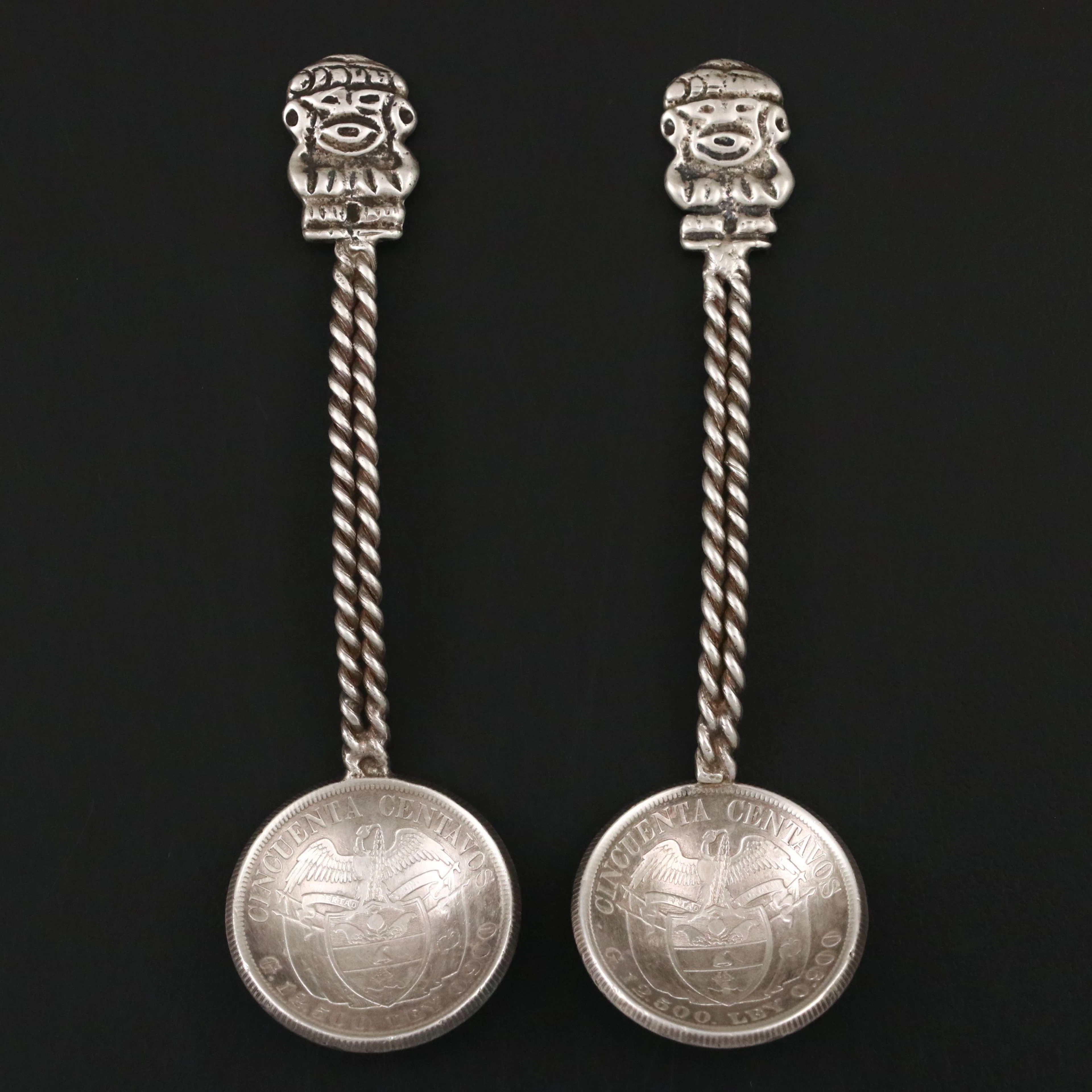 Colombian God Spoons with 900 Silver 50 Centavos Coins and Twist Stem Handles