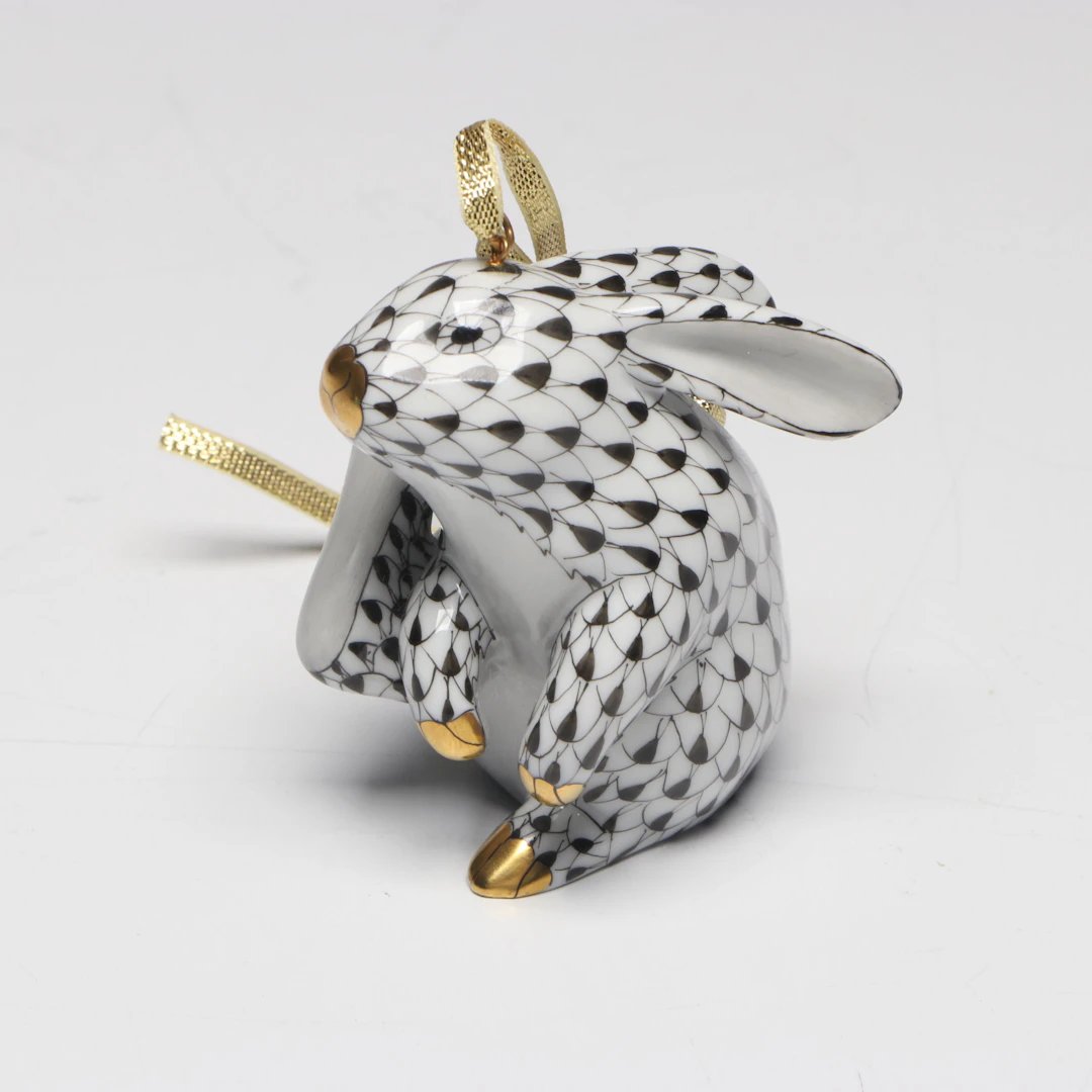 Herend First Edition Black Fishnet with Gold "Rabbit" Porcelain Ornament