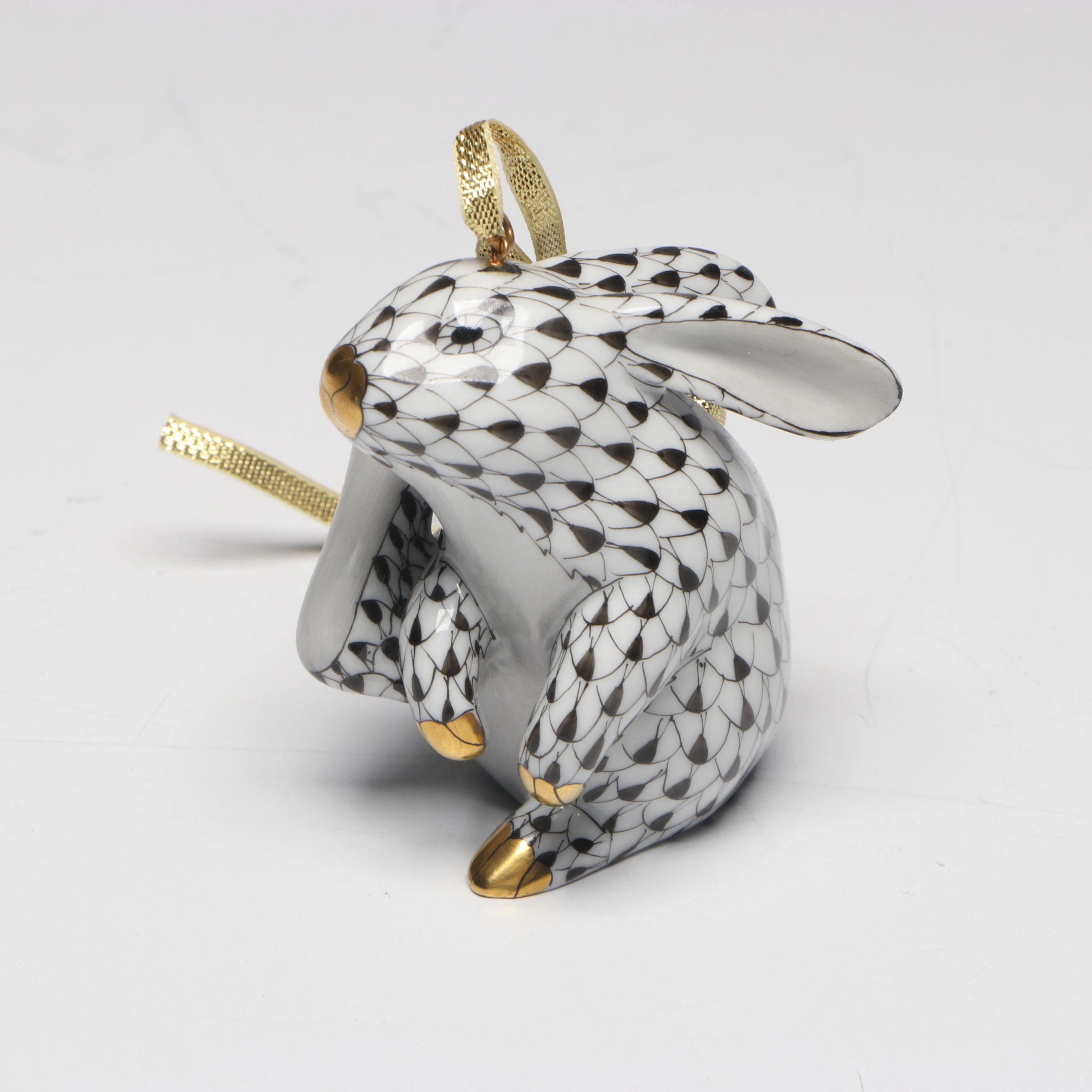 Herend First Edition Black Fishnet with Gold "Rabbit" Porcelain Ornament
