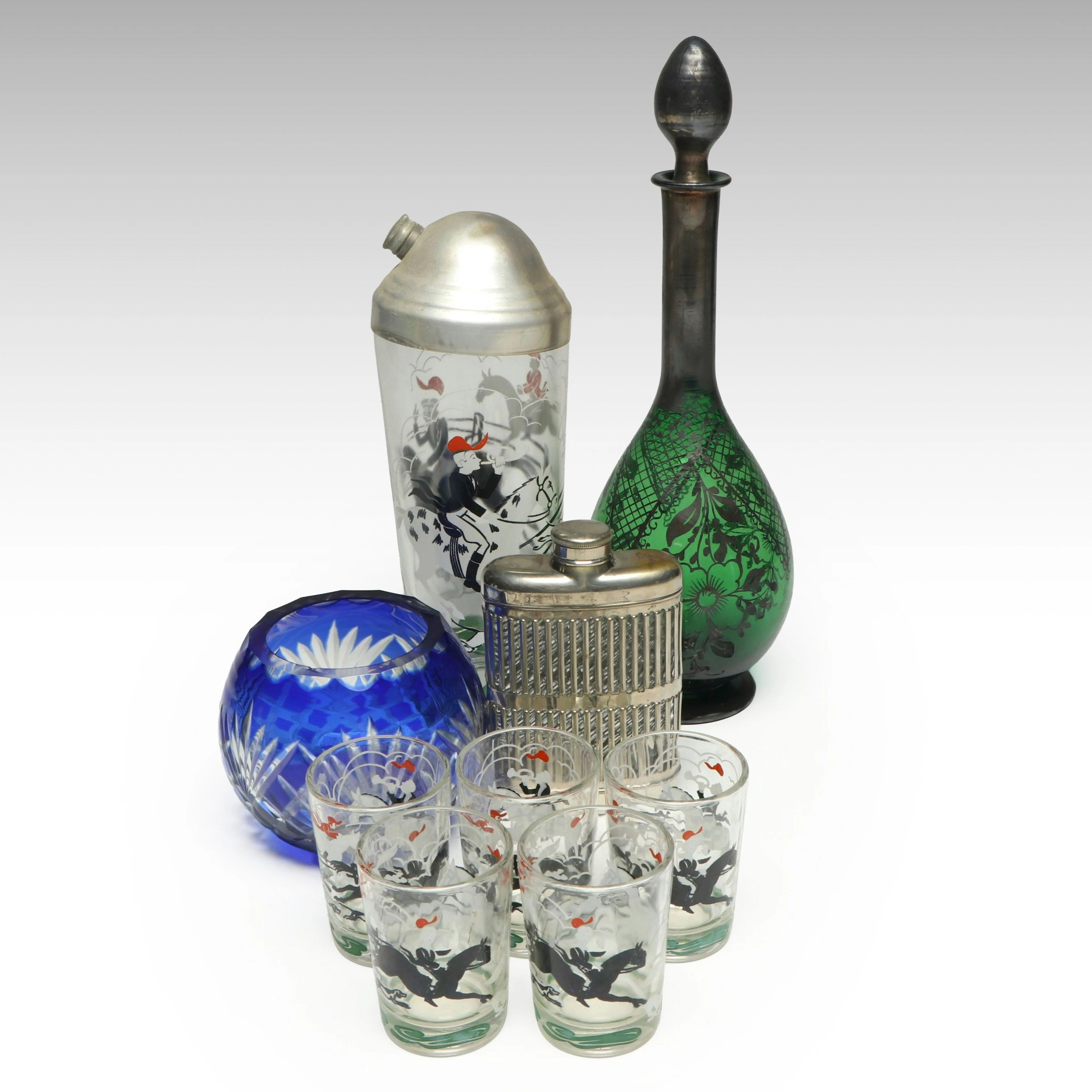 Hazel Atlas "Tally Ho" Tumblers and Cocktail Shaker with Decanter and More