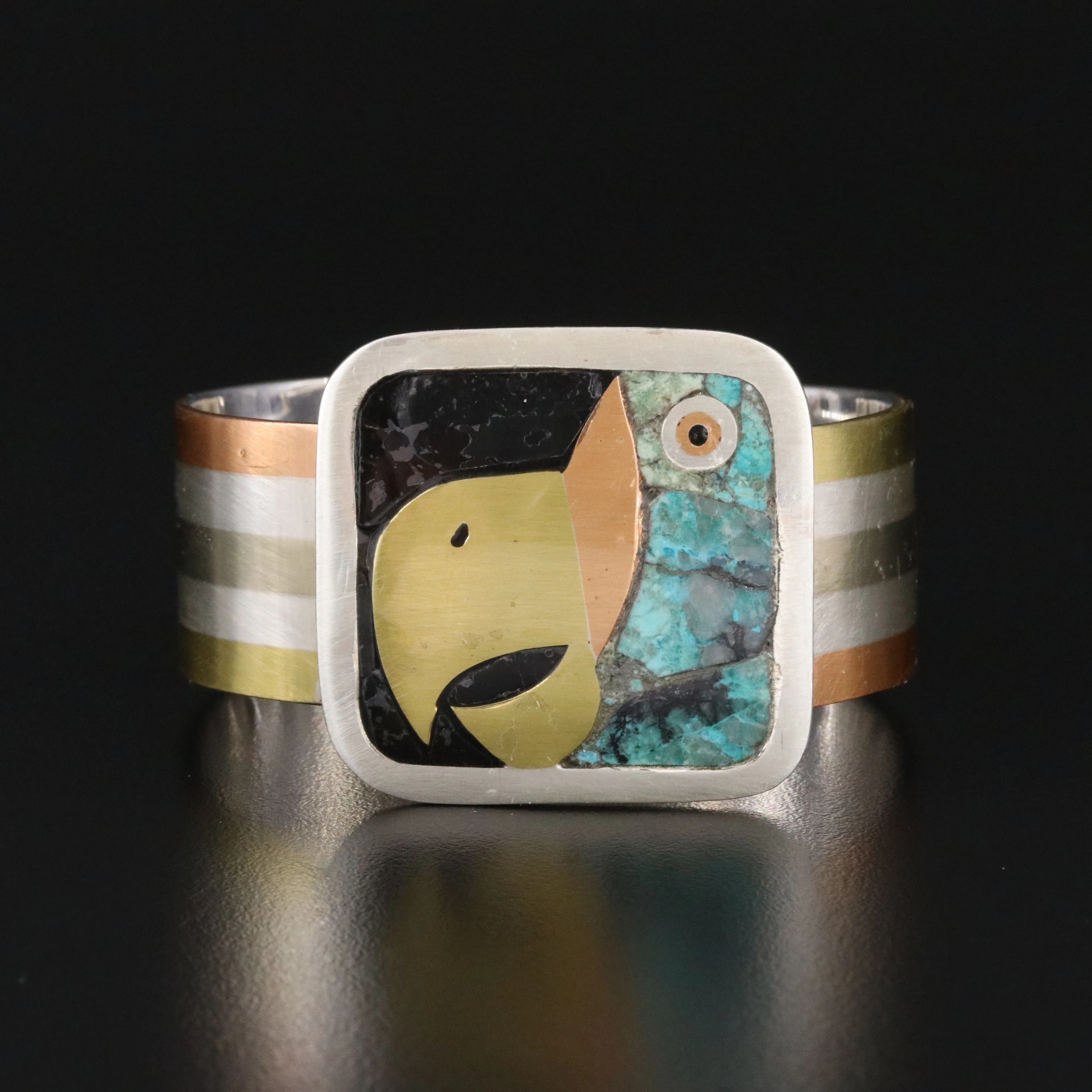 Mexican Sterling, Brass and Copper Stone Inlay Parrot Bracelet