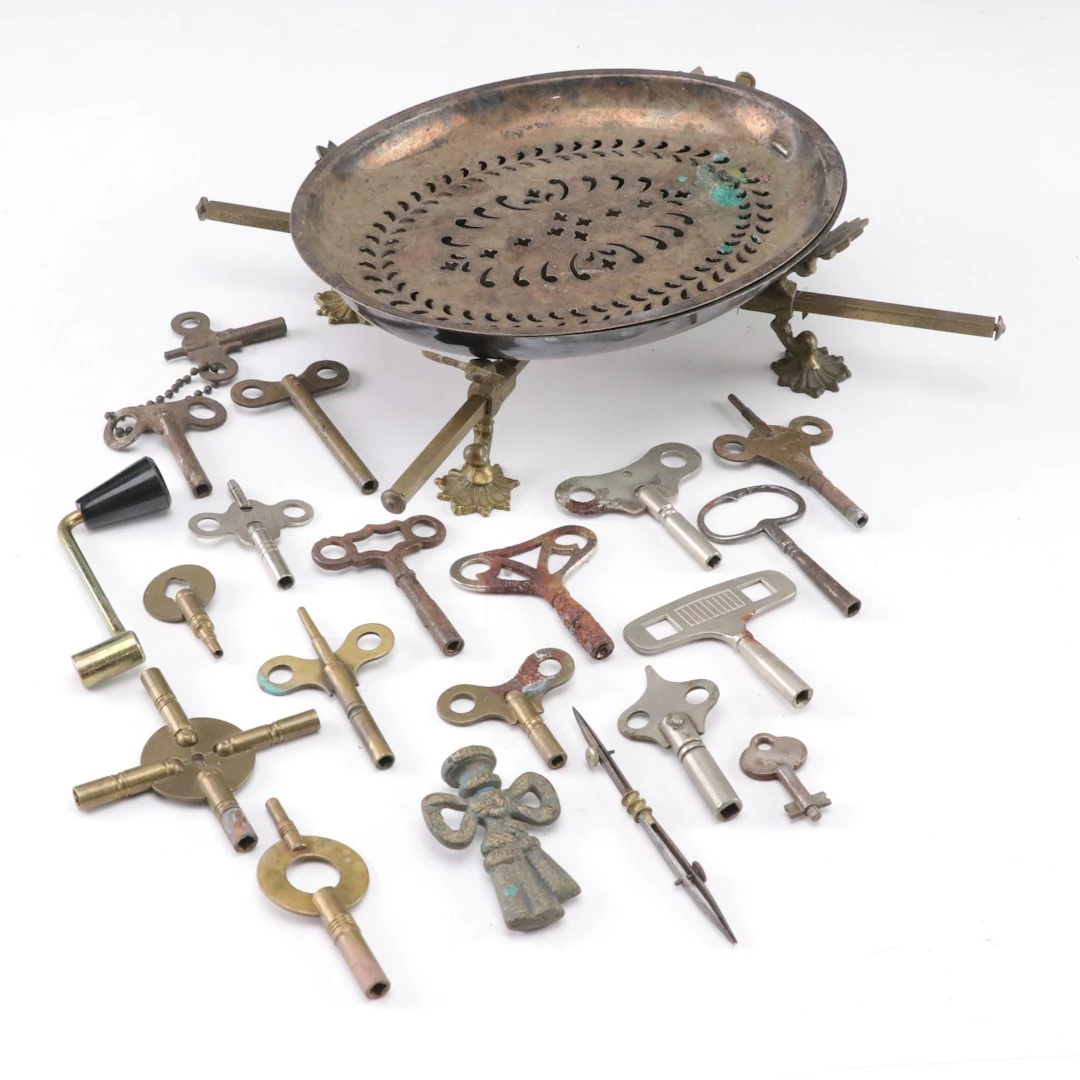 Clock Keys, Silver Plate Draining Pan, and Adjustable Stand