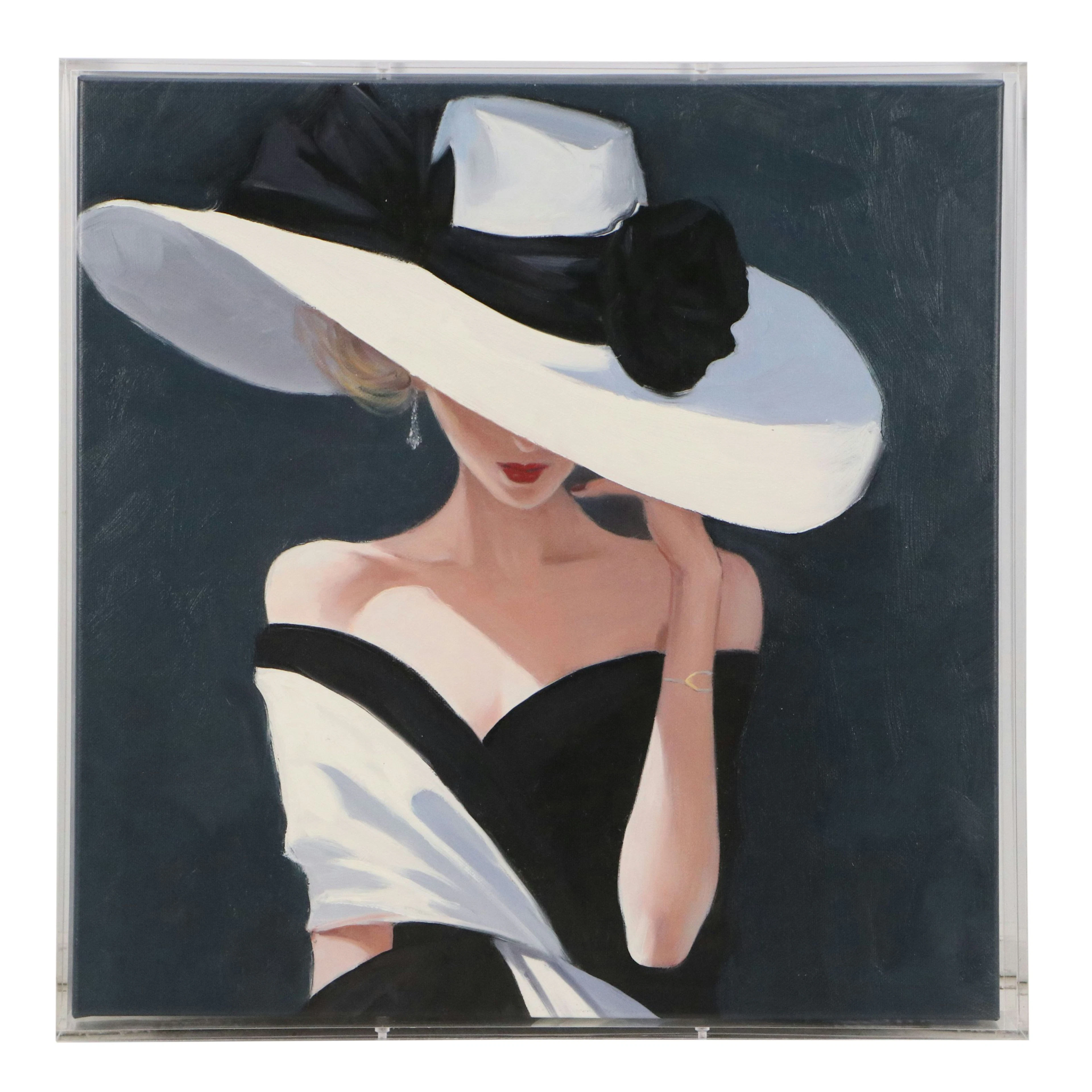 M. Ming Oil Painting of Stylish Woman Wearing Wide-Brimmed Hat, 21st Century