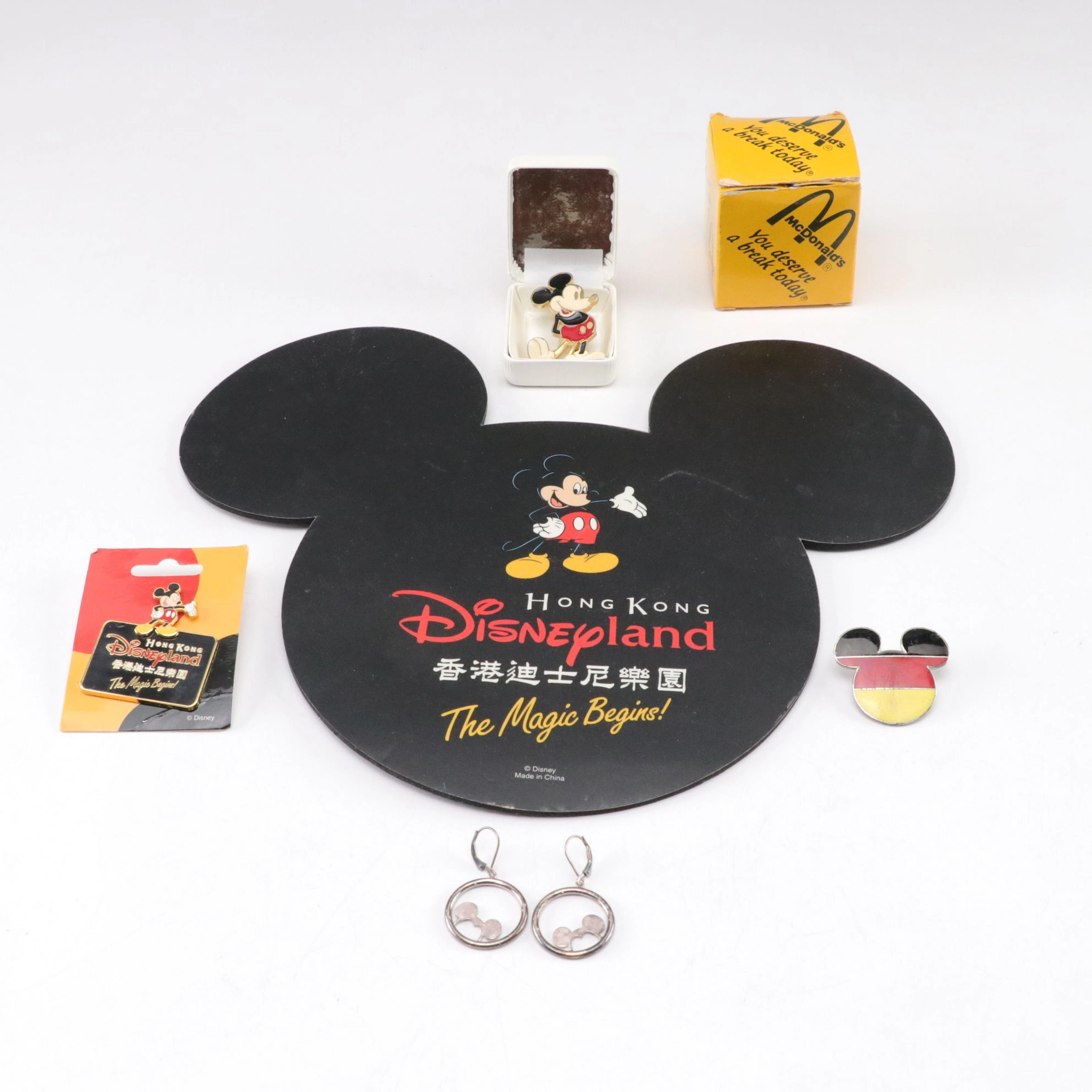 Disneyland Hong Kong Pins, Earrings and Mouse Pad with McDonald's Rubik's Cube