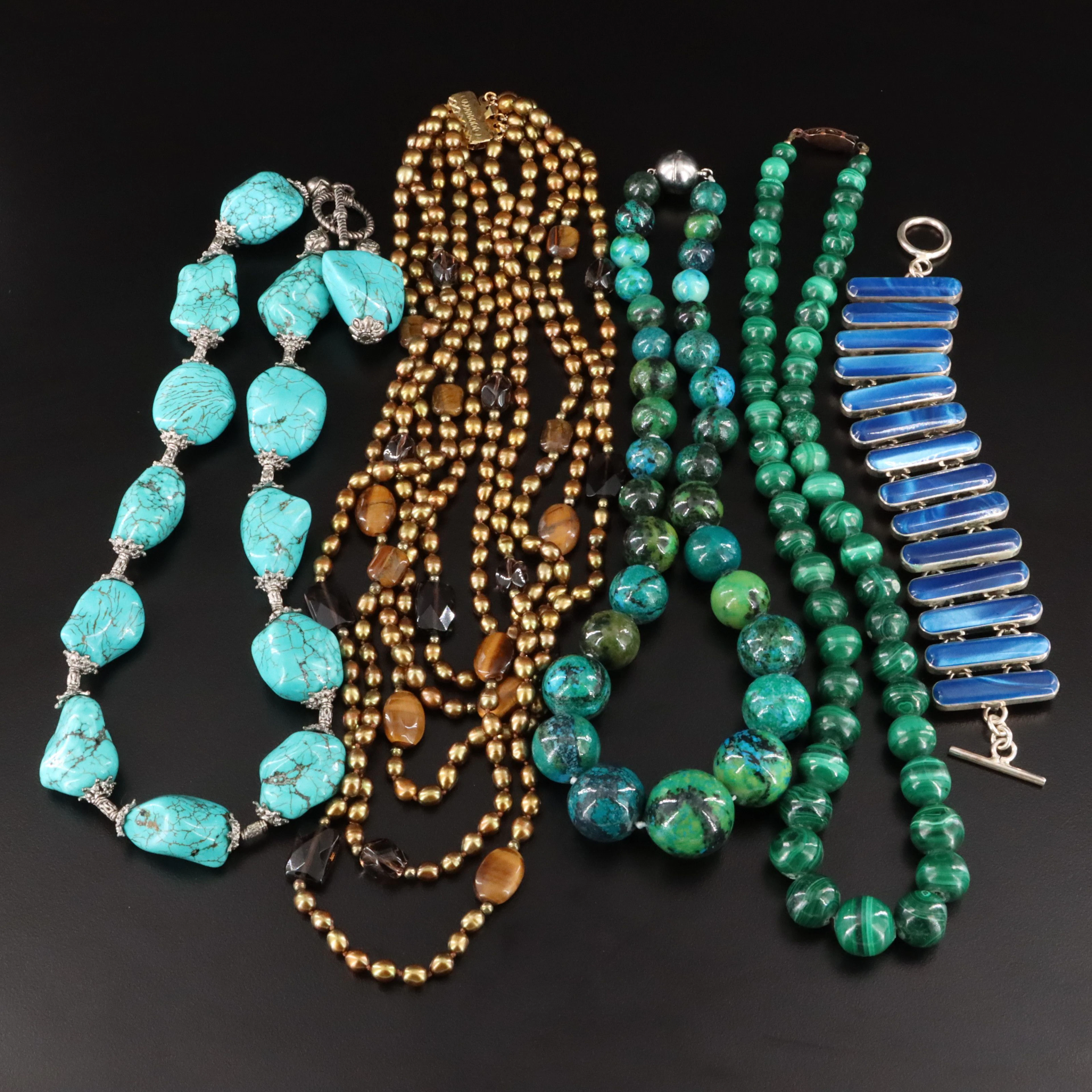 Malachite, Chrysocolla and Multi Strand Pearls Included in Bracelet & Necklaces