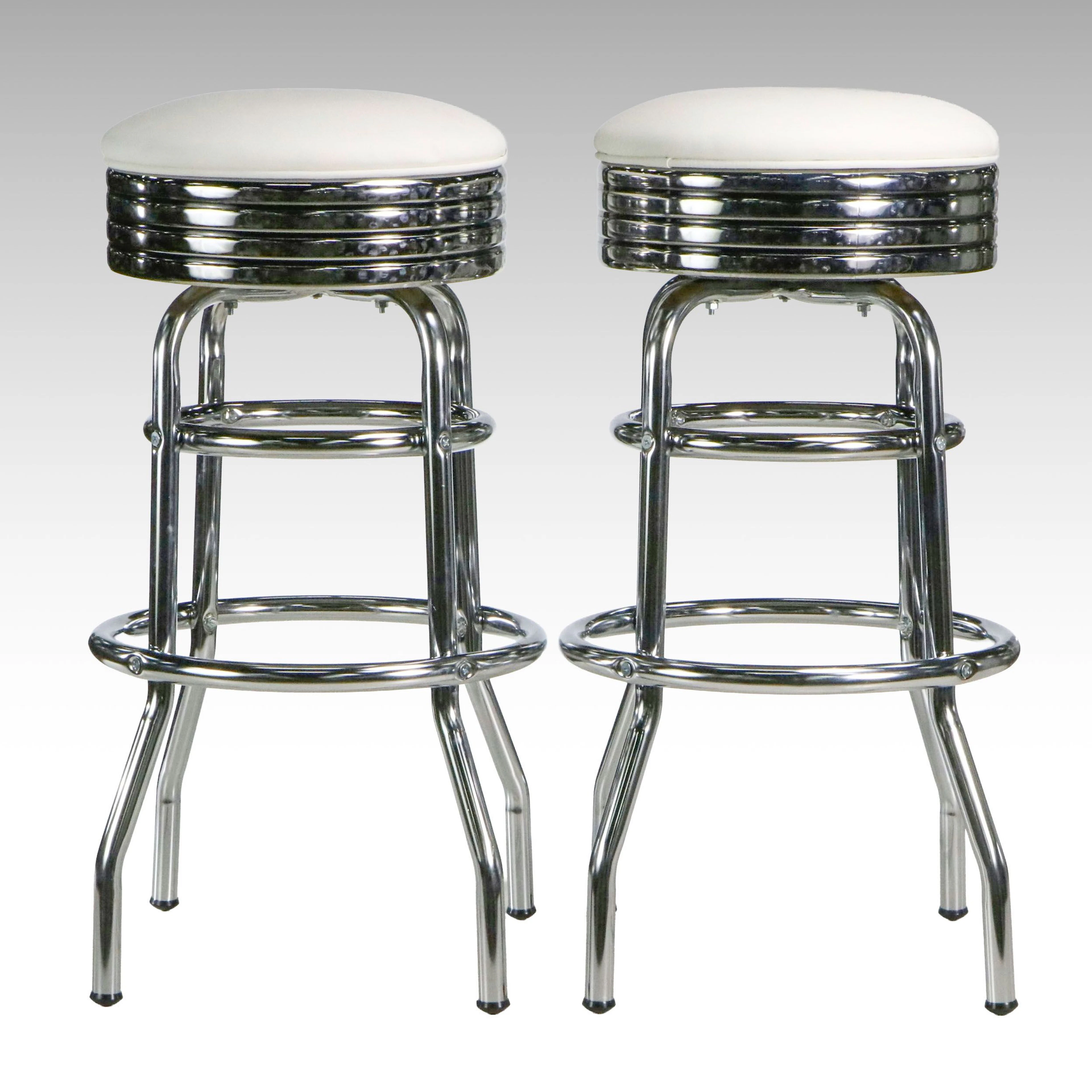 Pair of Double Ring Chrome Barstools with Faux Leather Cushions