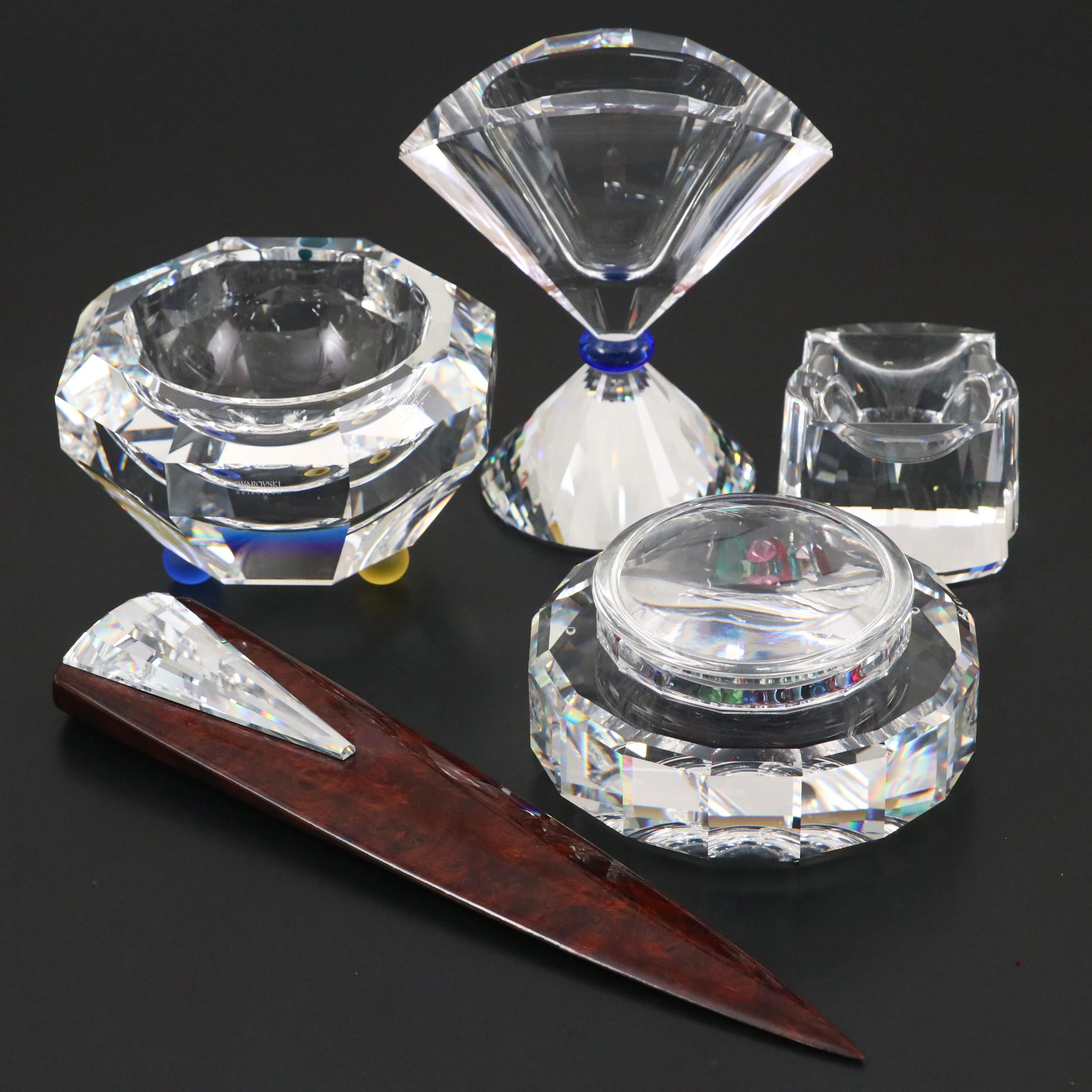 Joel Desgrippes Signed Swarovski Crystal & Burled Wood Desk Accessories
