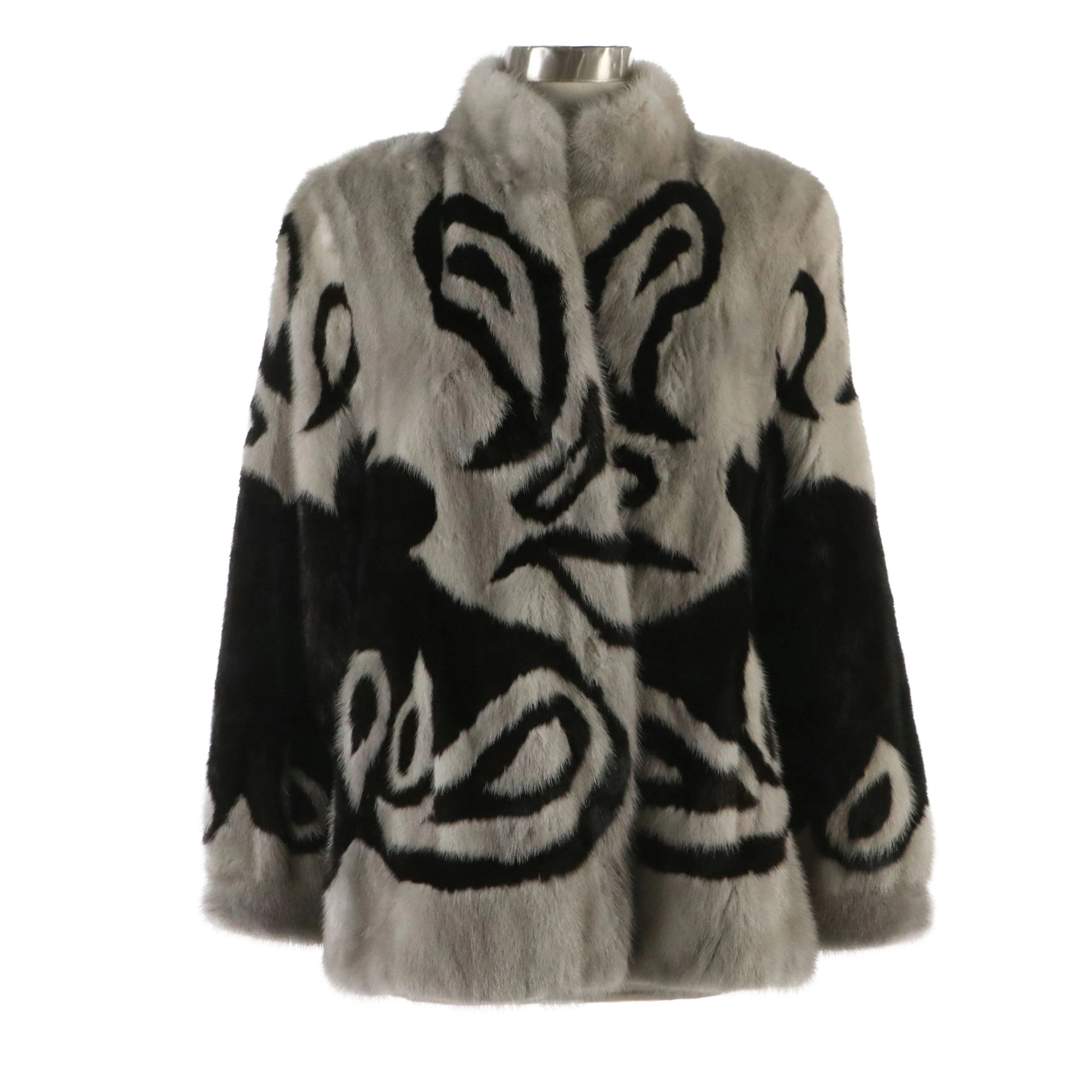 Abstract Print Silver and Chocolate Mink Fur Coat from Henig Furs, 1980s