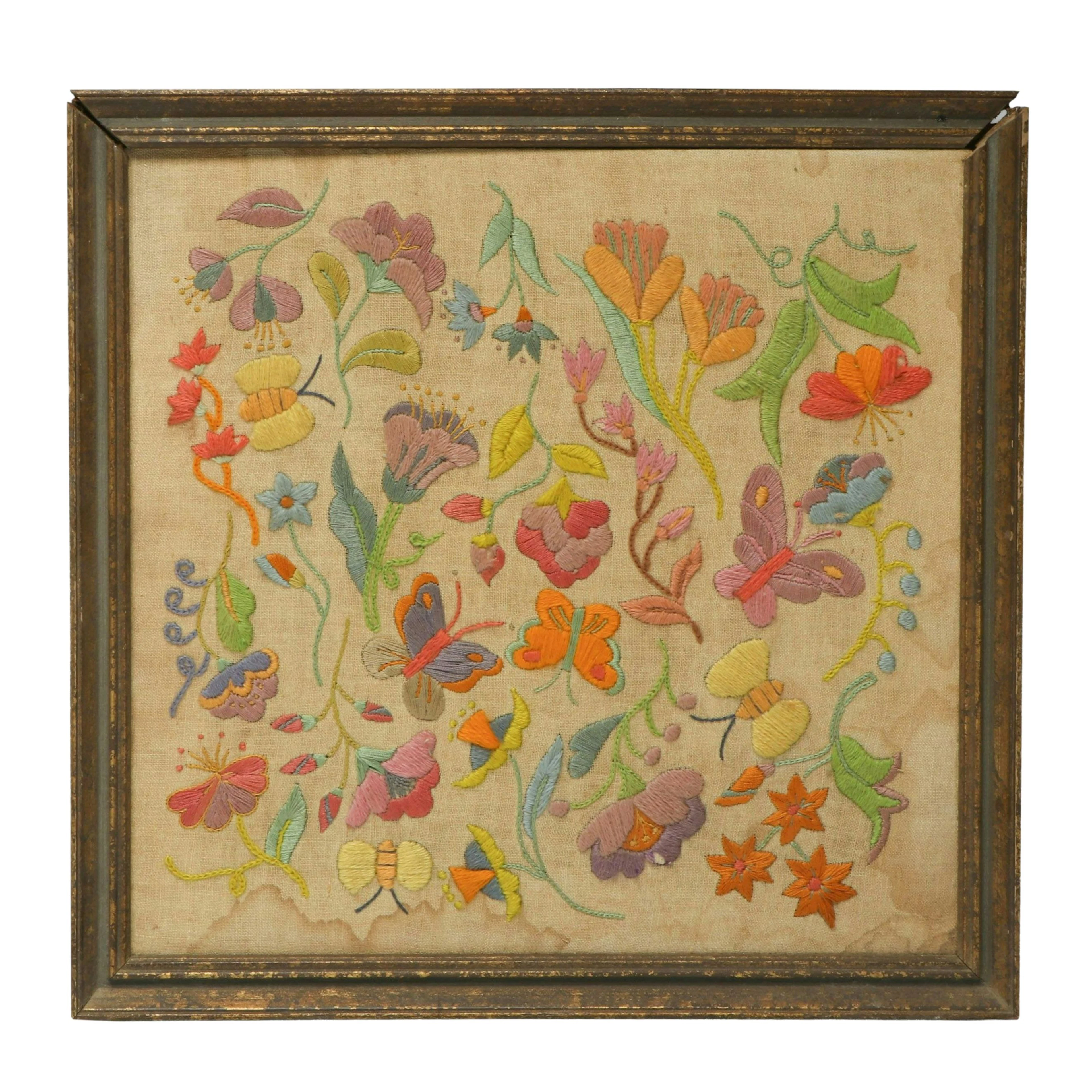 Jacobean Style Framed Floral Embroidery Sampler, Vintage