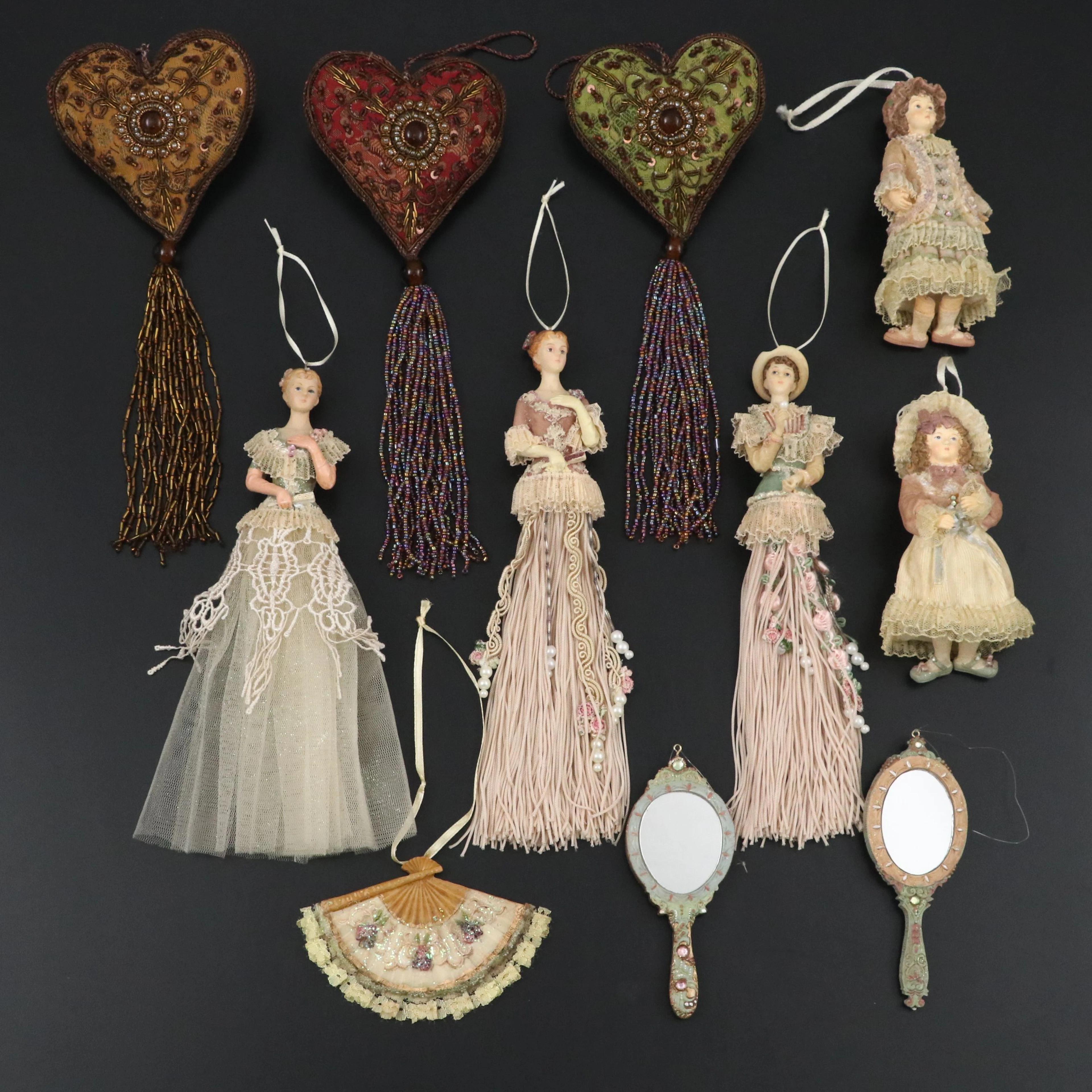 Victorian Style Lady Tassel Dolls with Hearts and Other Ornaments