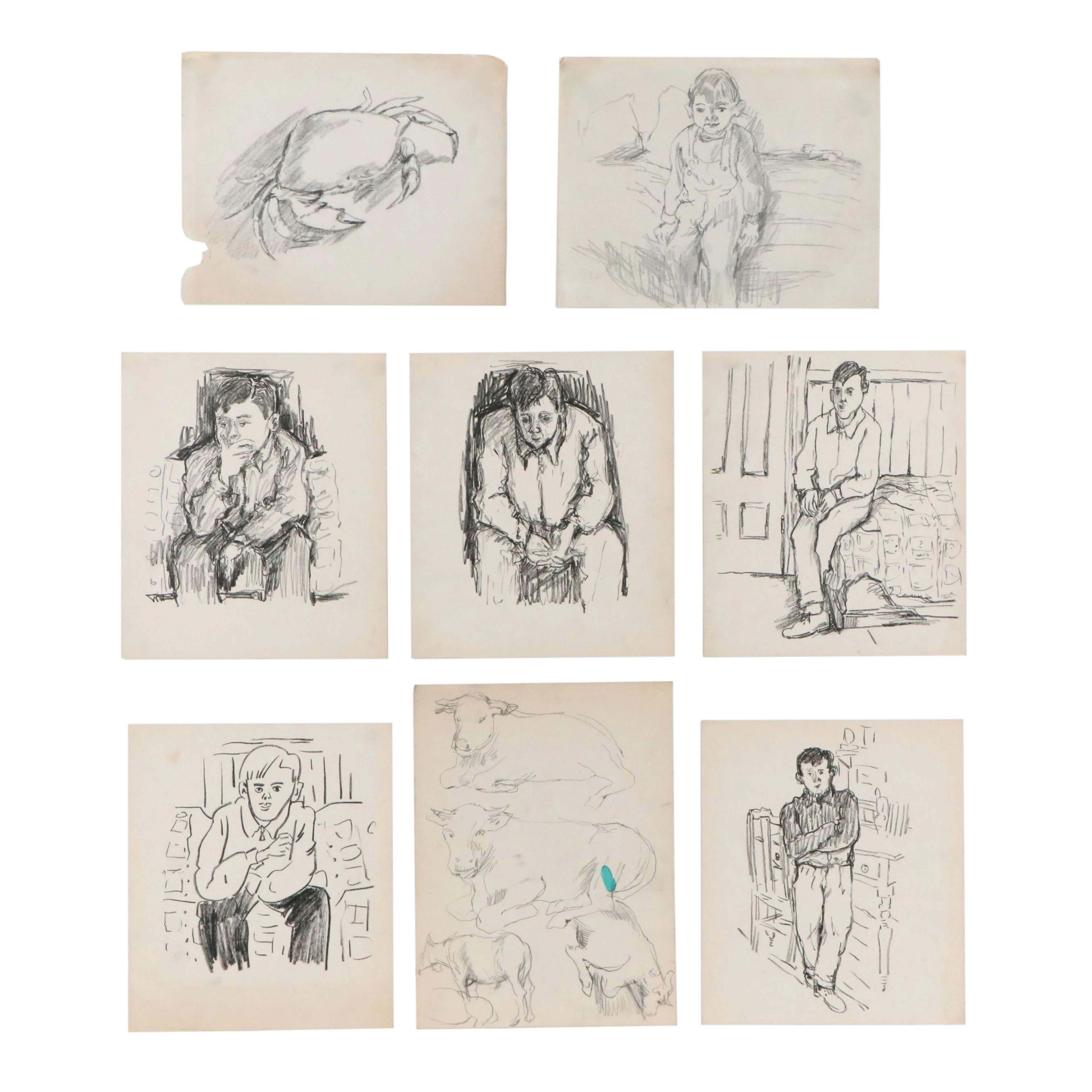 Achillo “Achi” Sullo Graphite and Pastel Drawings of Animals and Seated Figures