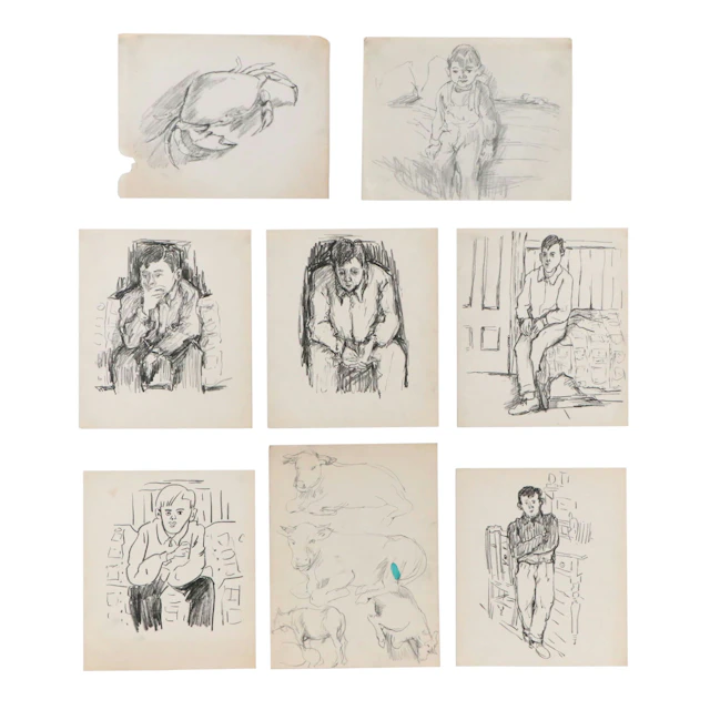 Achillo “Achi” Sullo Graphite and Pastel Drawings of Animals and Seated Figures