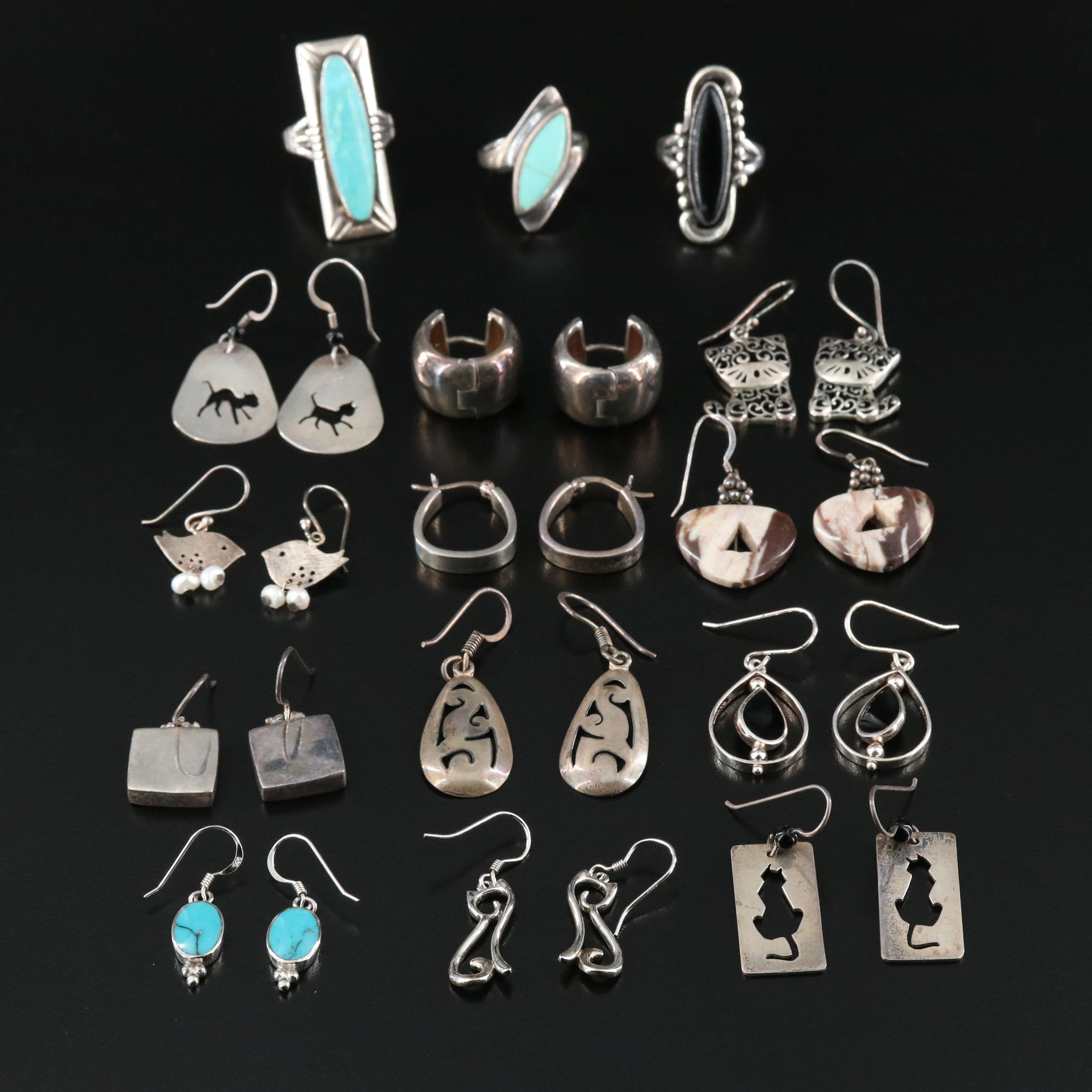 Sterling Earring and Ring Collection with Turquoise, Agate and Black Onyx