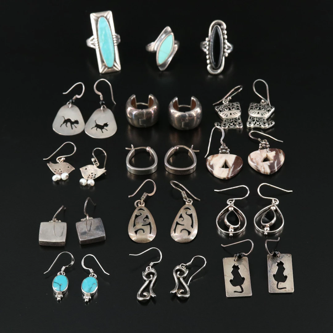 Sterling Earring and Ring Collection with Turquoise, Agate and Black Onyx
