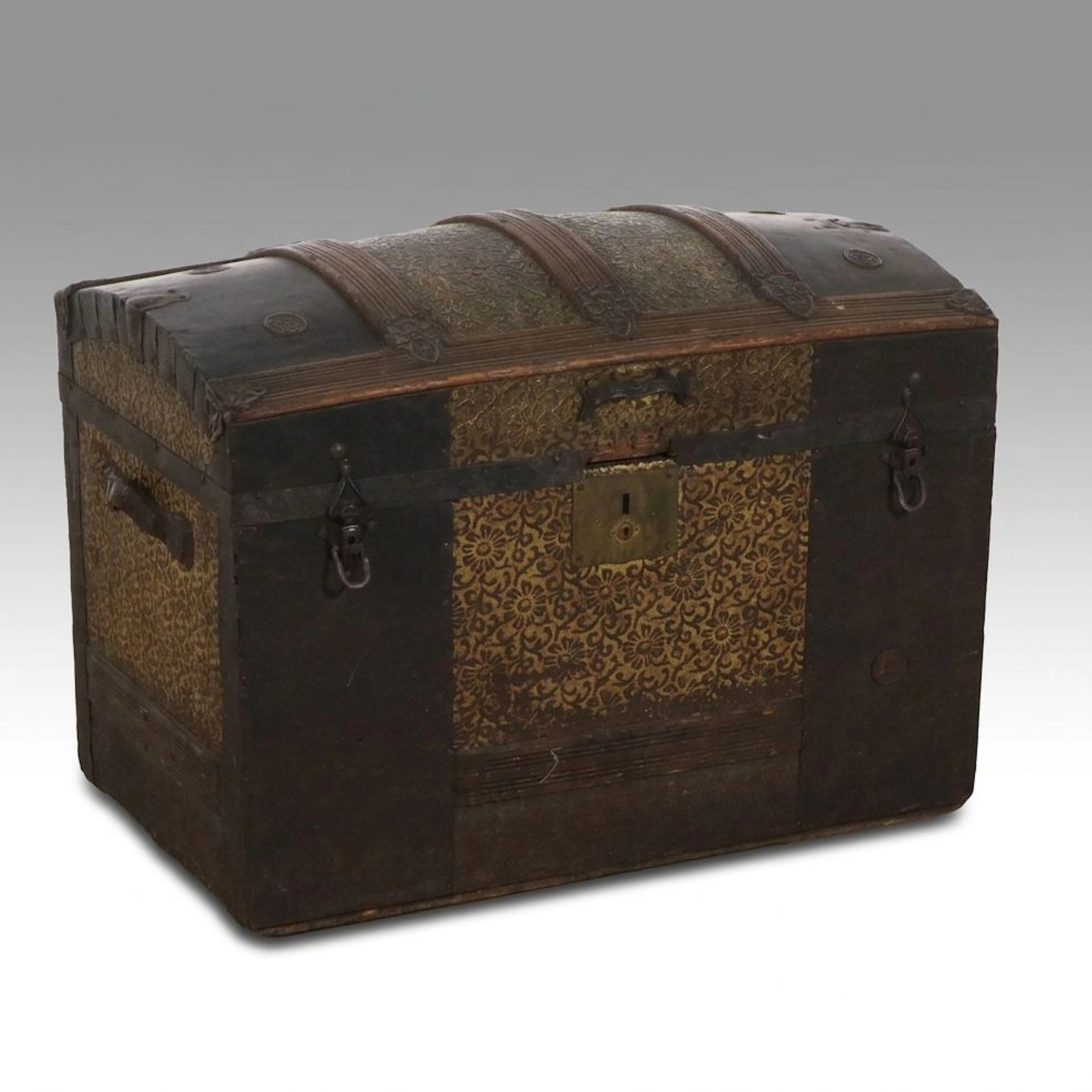 Victorian Embossed Tin & Slatted Wood Dome Top Steamer Trunk, Late 19th Century