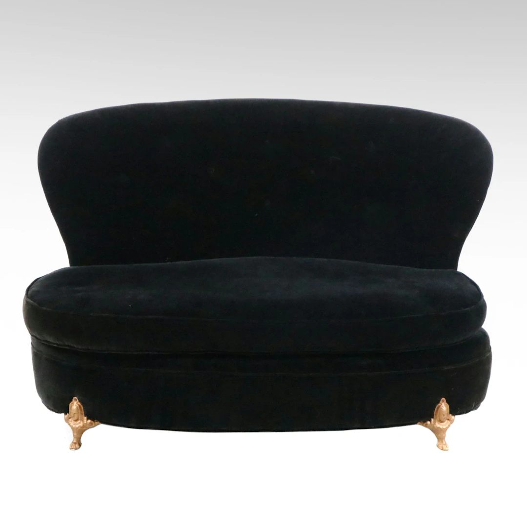 Hollywood Regency Style Black Velvet Settee with Cast Brass Female Form Legs