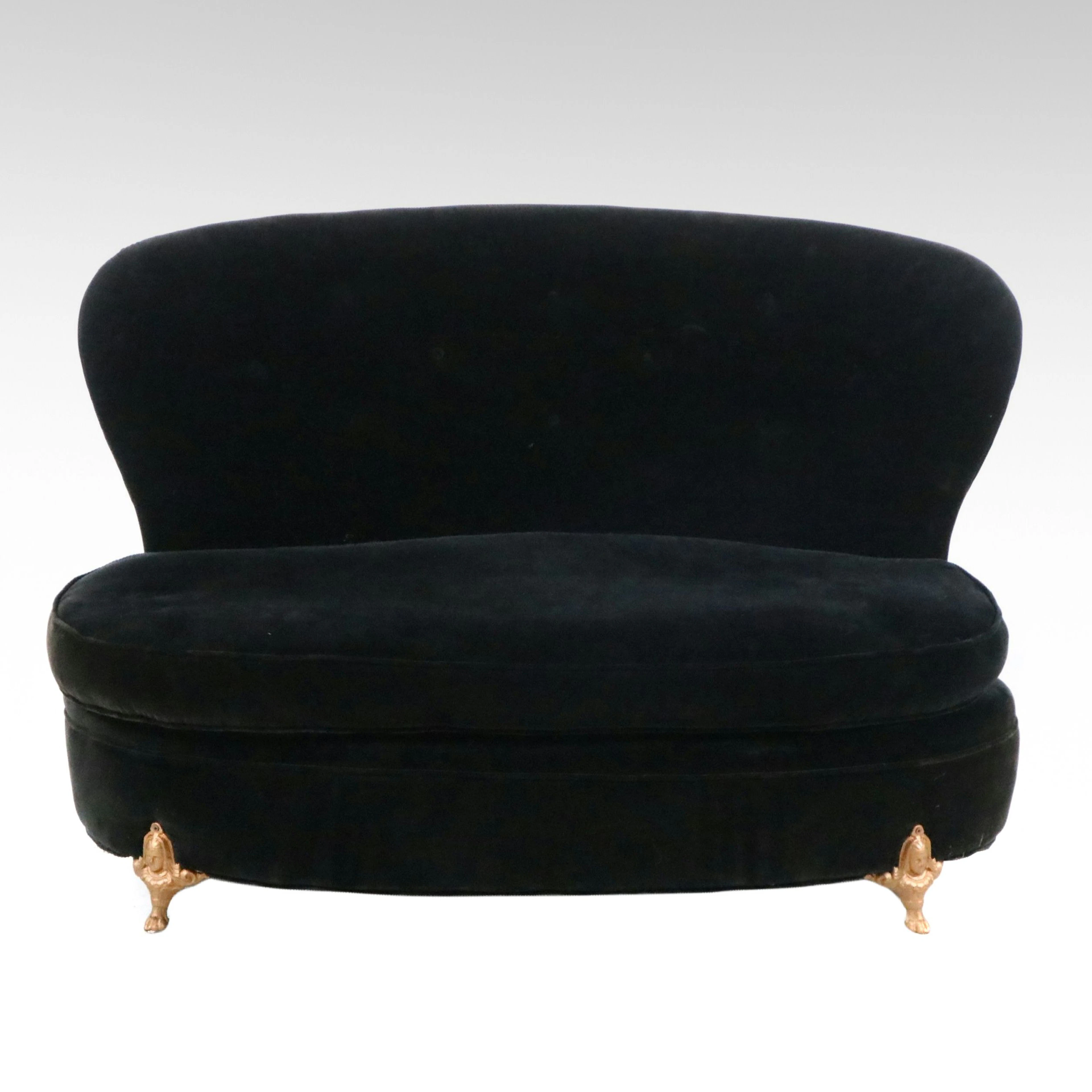 Hollywood Regency Style Black Velvet Settee with Cast Brass Female Form Legs