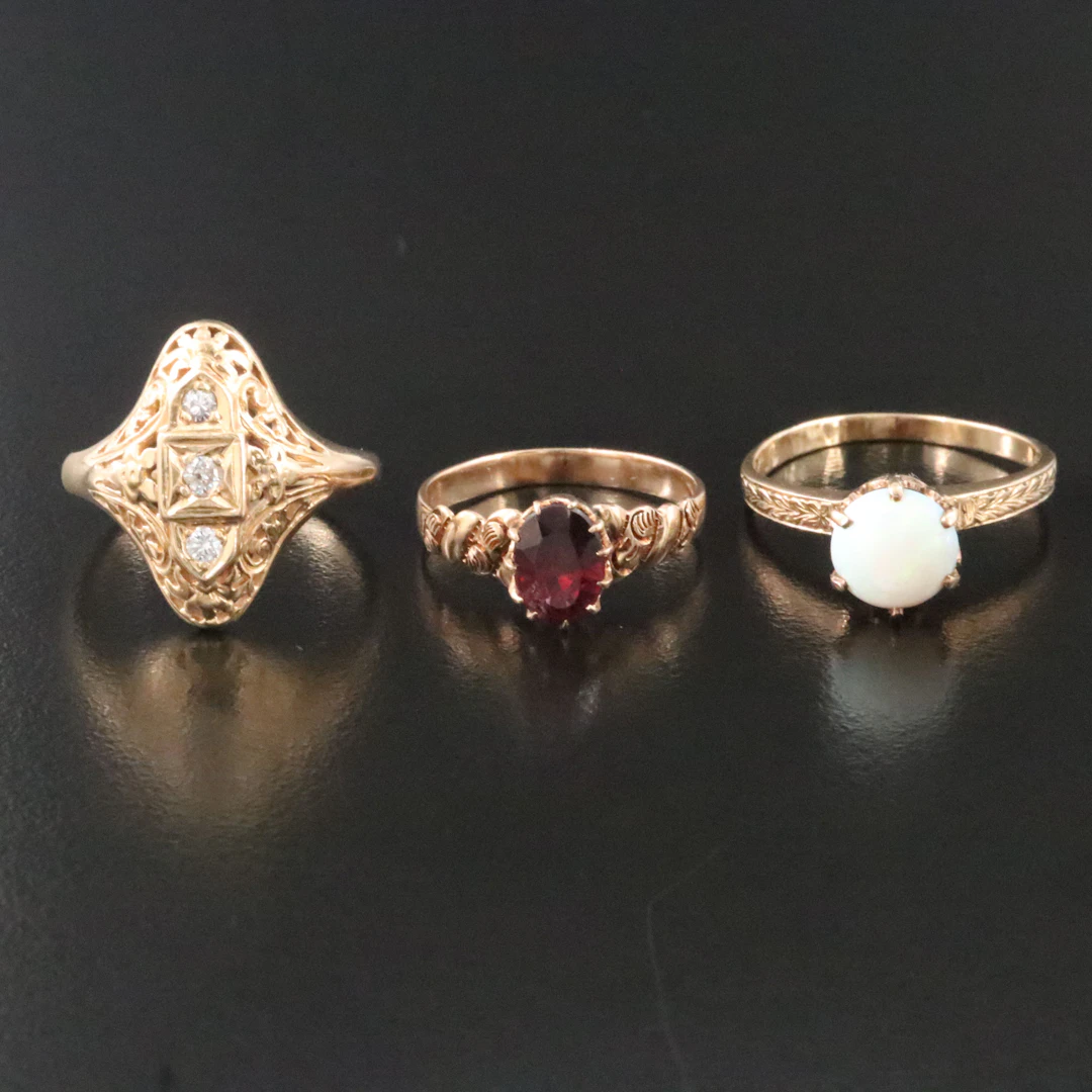 Victorian and Vintage Gold Ring Grouping w/ Opal, Garnet, 14K & 10K Rose
