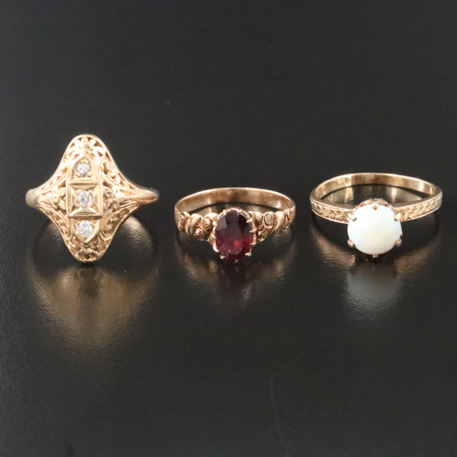 Victorian and Vintage Gold Ring Grouping w/ Opal, Garnet, 14K & 10K Rose