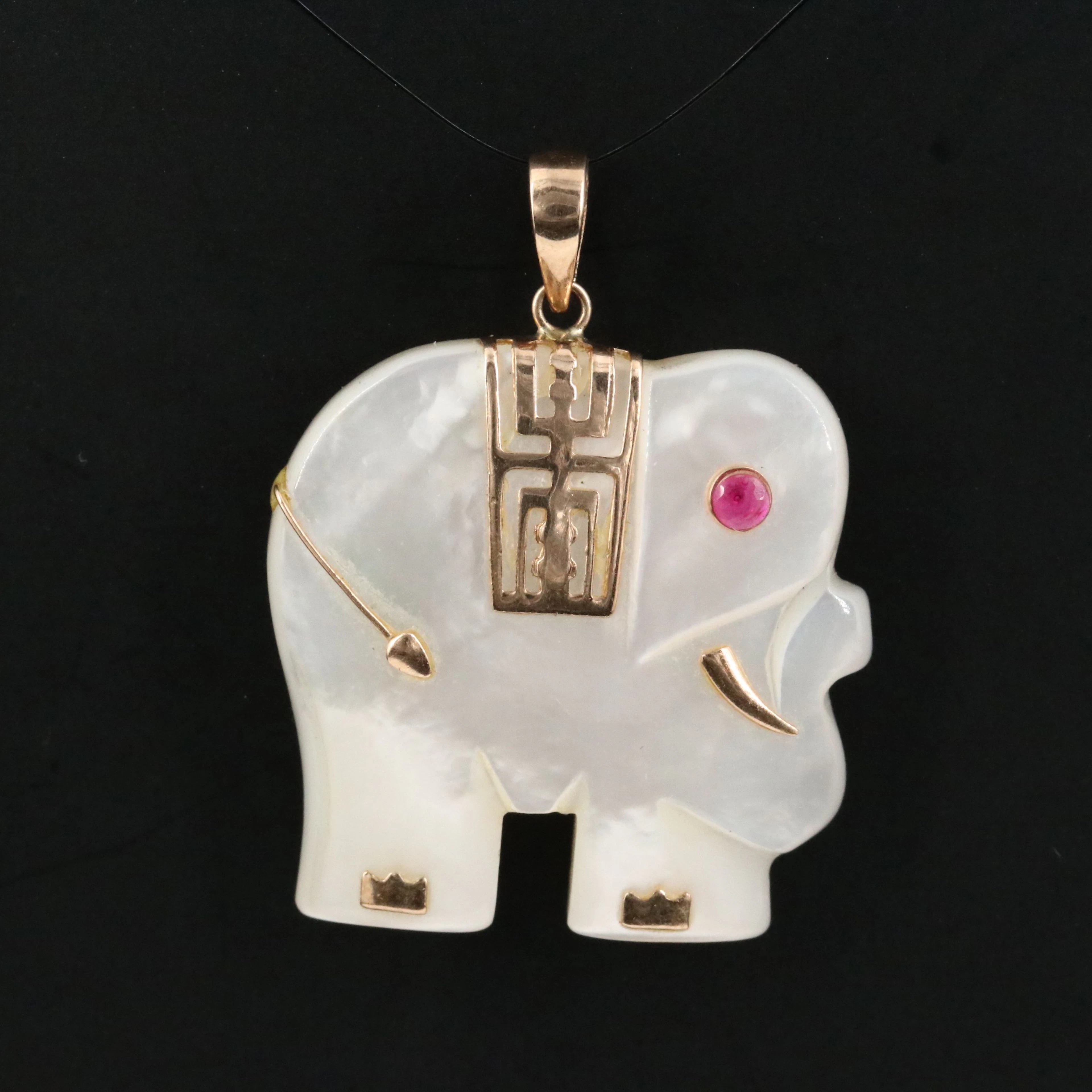 14K Carved Mother-of-Pearl Elephant Pendant with Ruby Accent