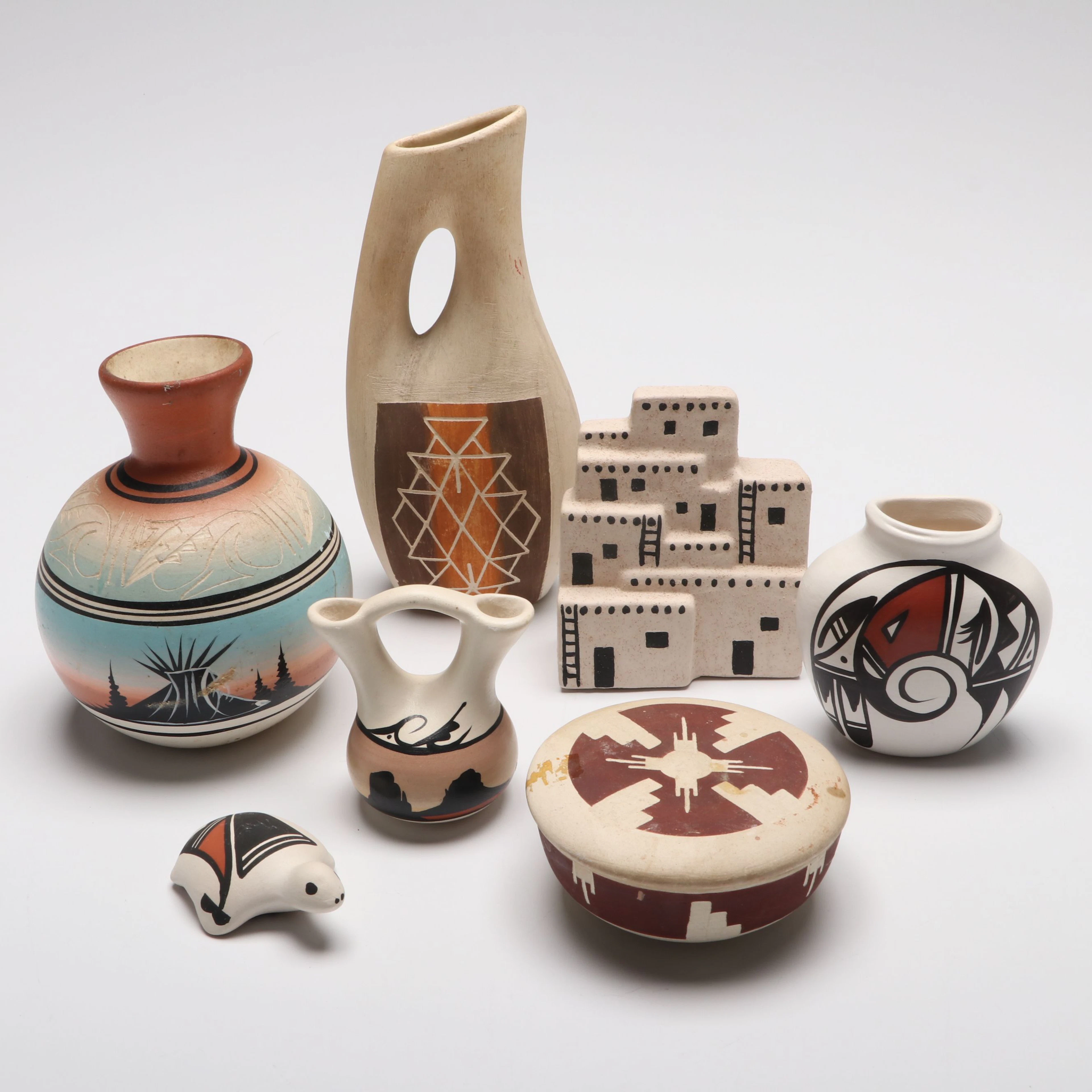Marie Black Tail Deer Sioux Pitcher with Other Indigenous Pottery