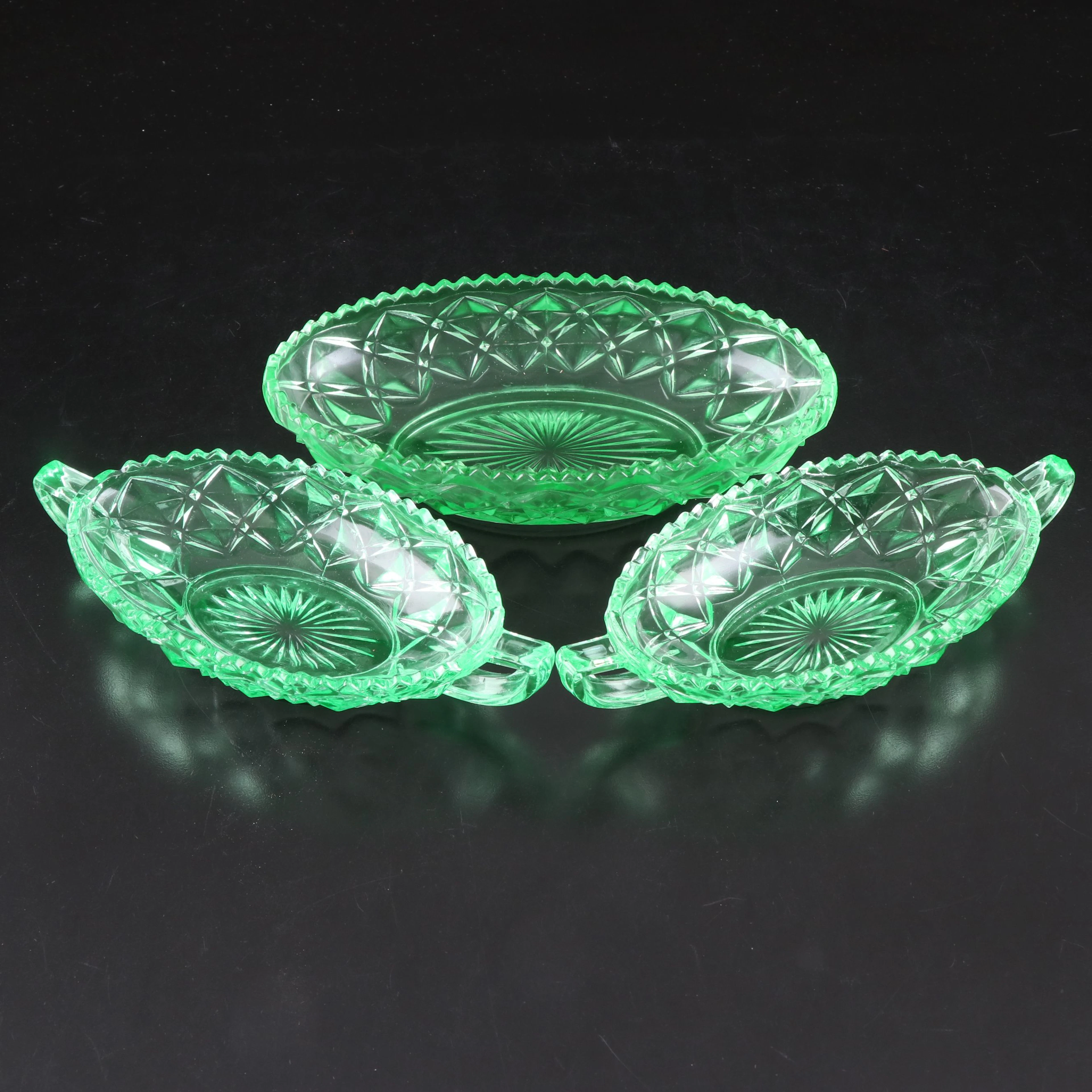 Imperial Glass "Diamond Block" Uranium Glass Pickle Dishes, Early 20th C.