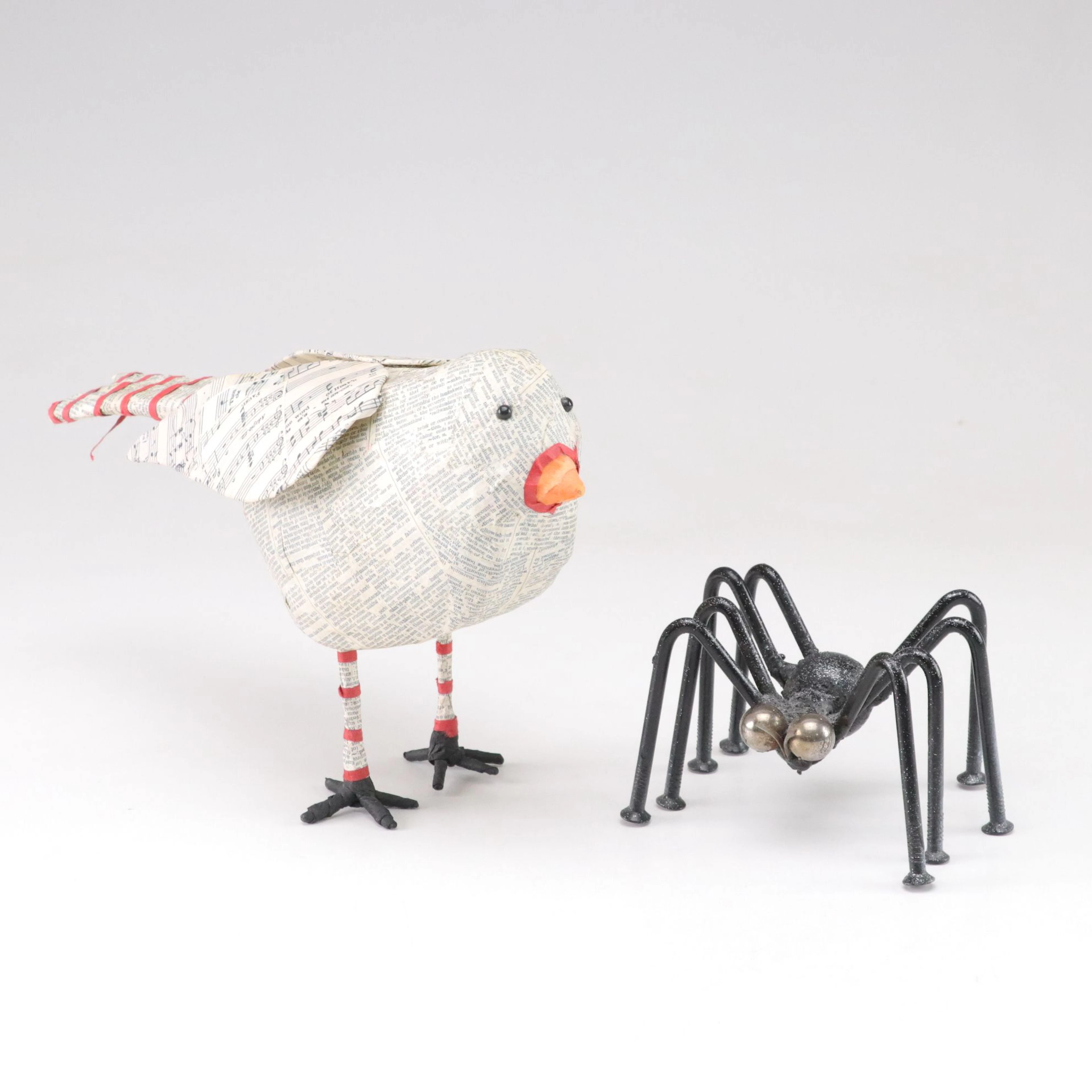 Papier-Mâché Bird and Scrap Metal Spider Sculptures