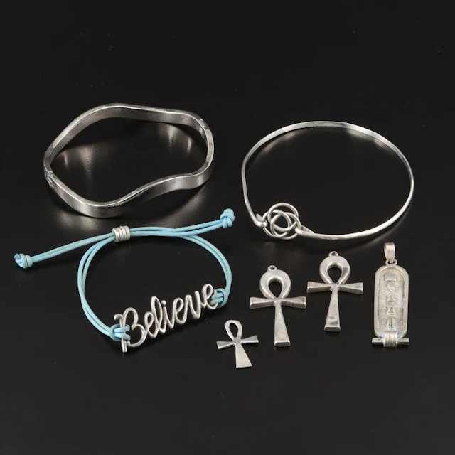 Sterling Ankhs, Egyptian Cartouche and Bracelets