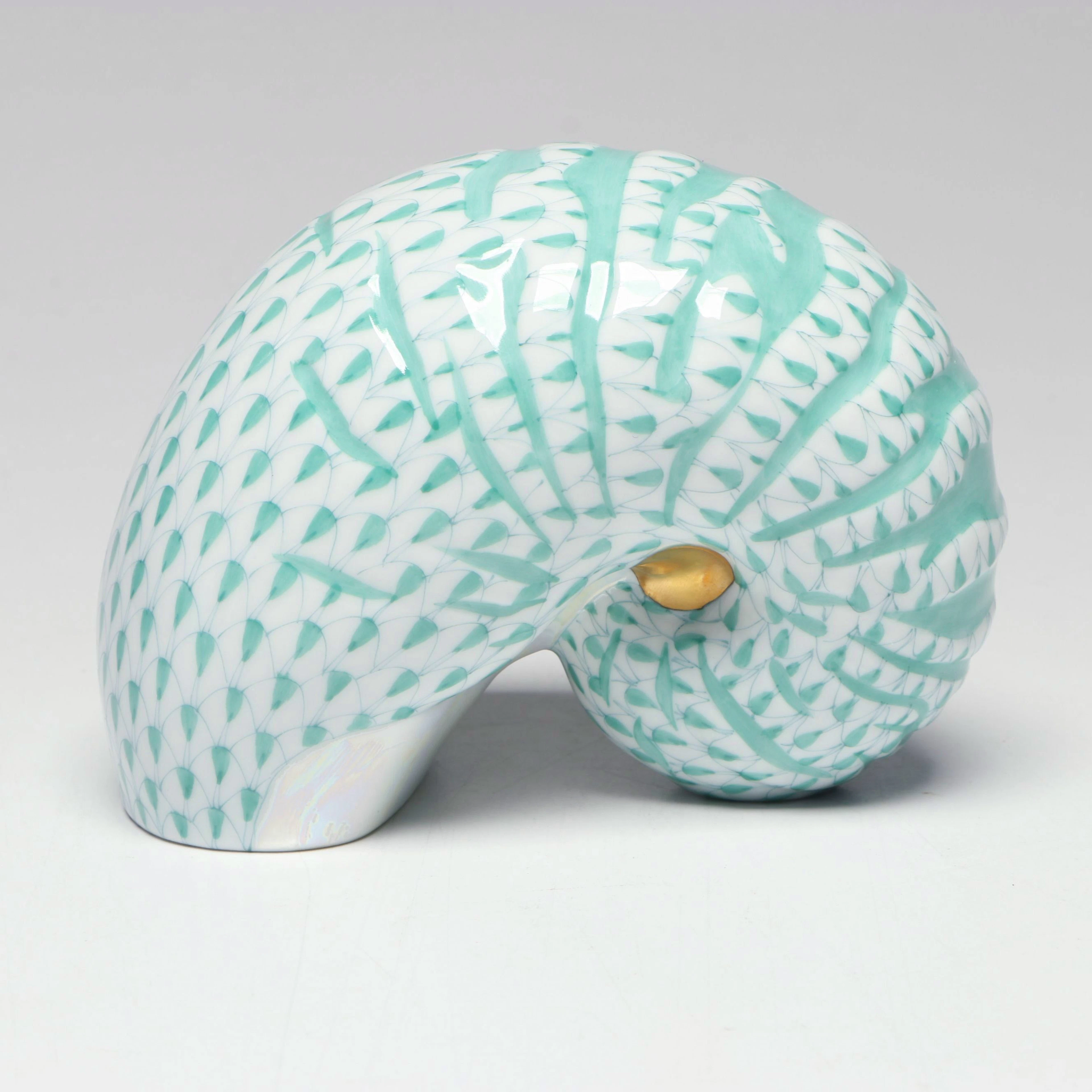 Herend Green Fishnet with Gold "Nautilus Shell" Porcelain Figure