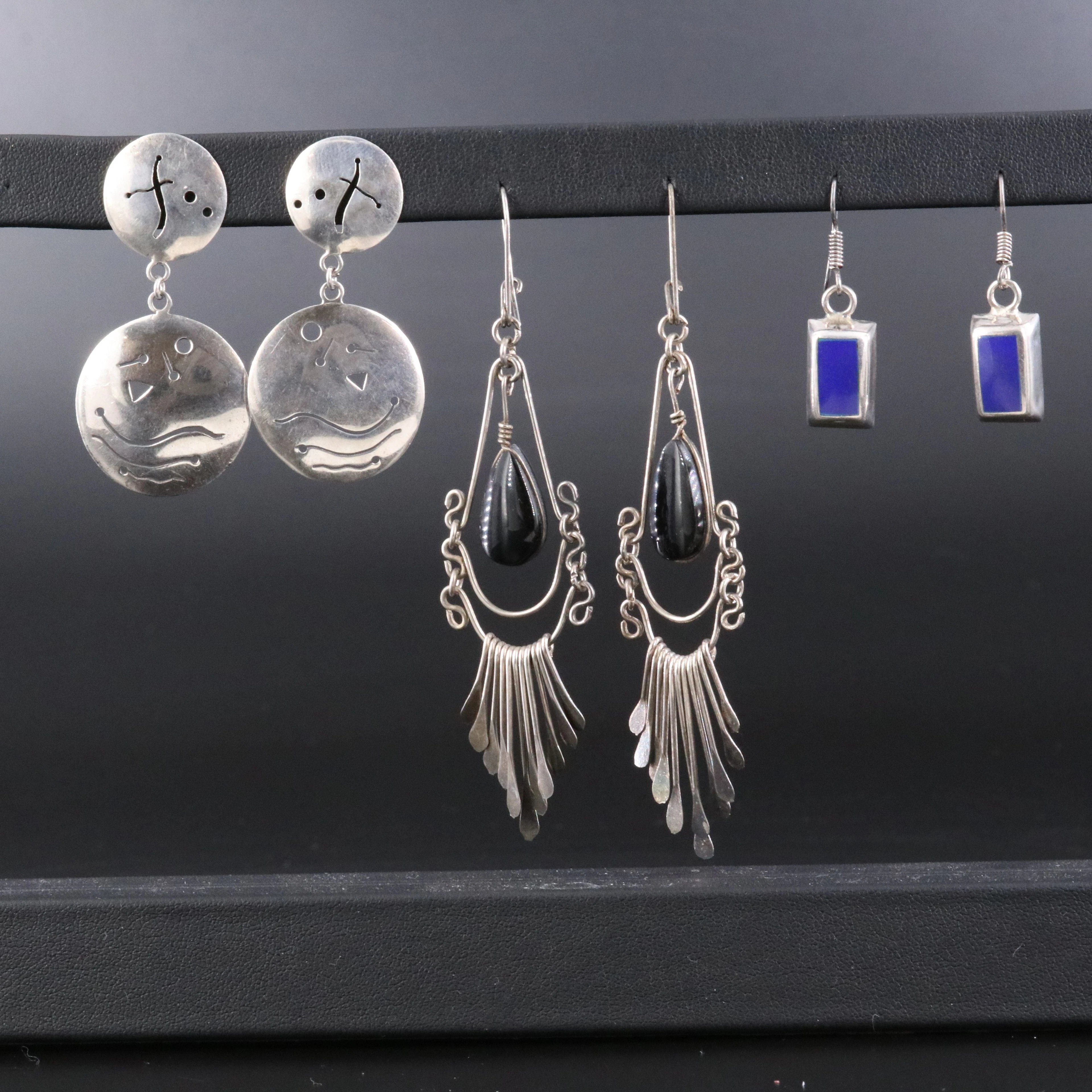 Lapis Lazuli and Obsidian Earrings Including Sterling