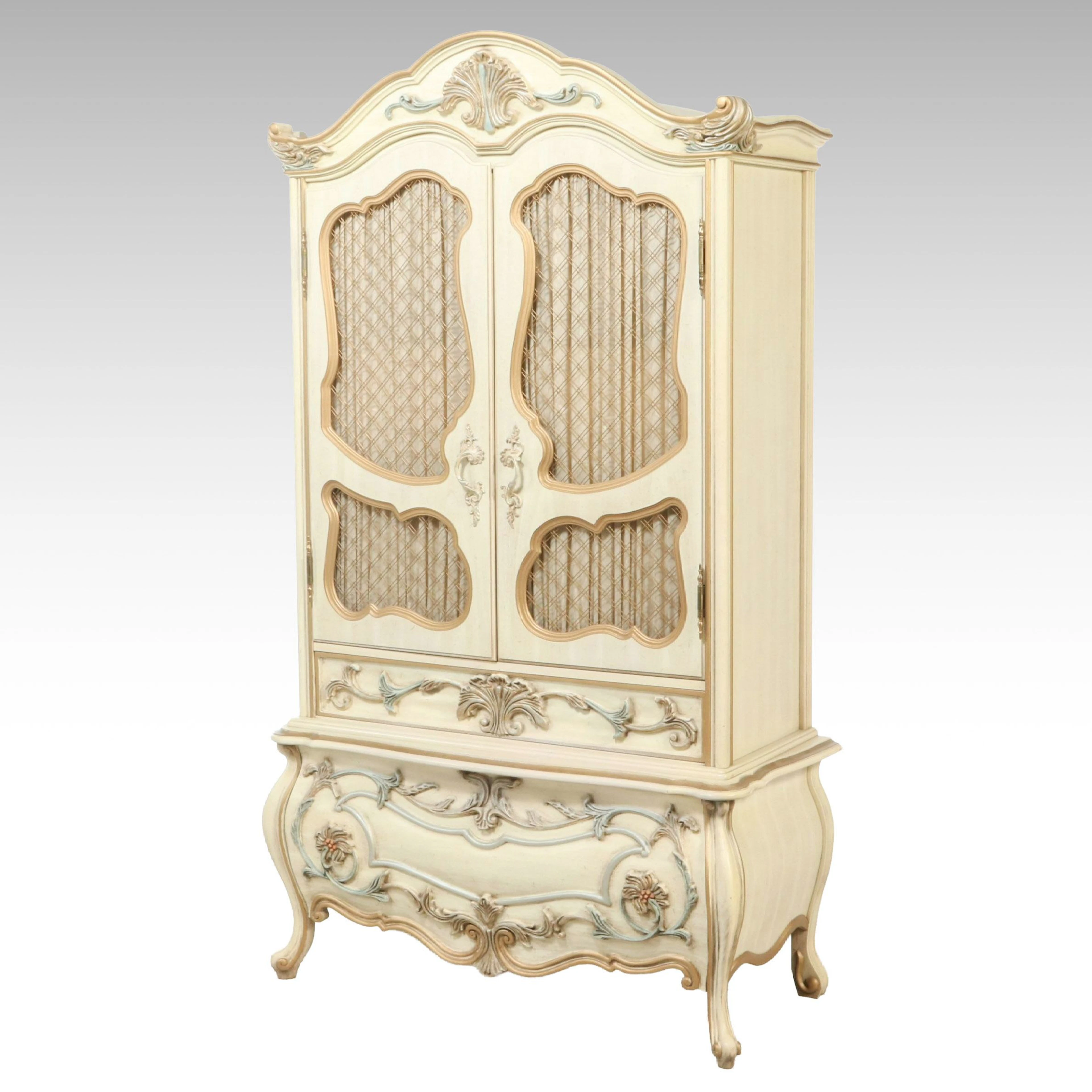 French Provincial Style Painted Wood Mesh Front Armoire, Mid to Late 20th C.