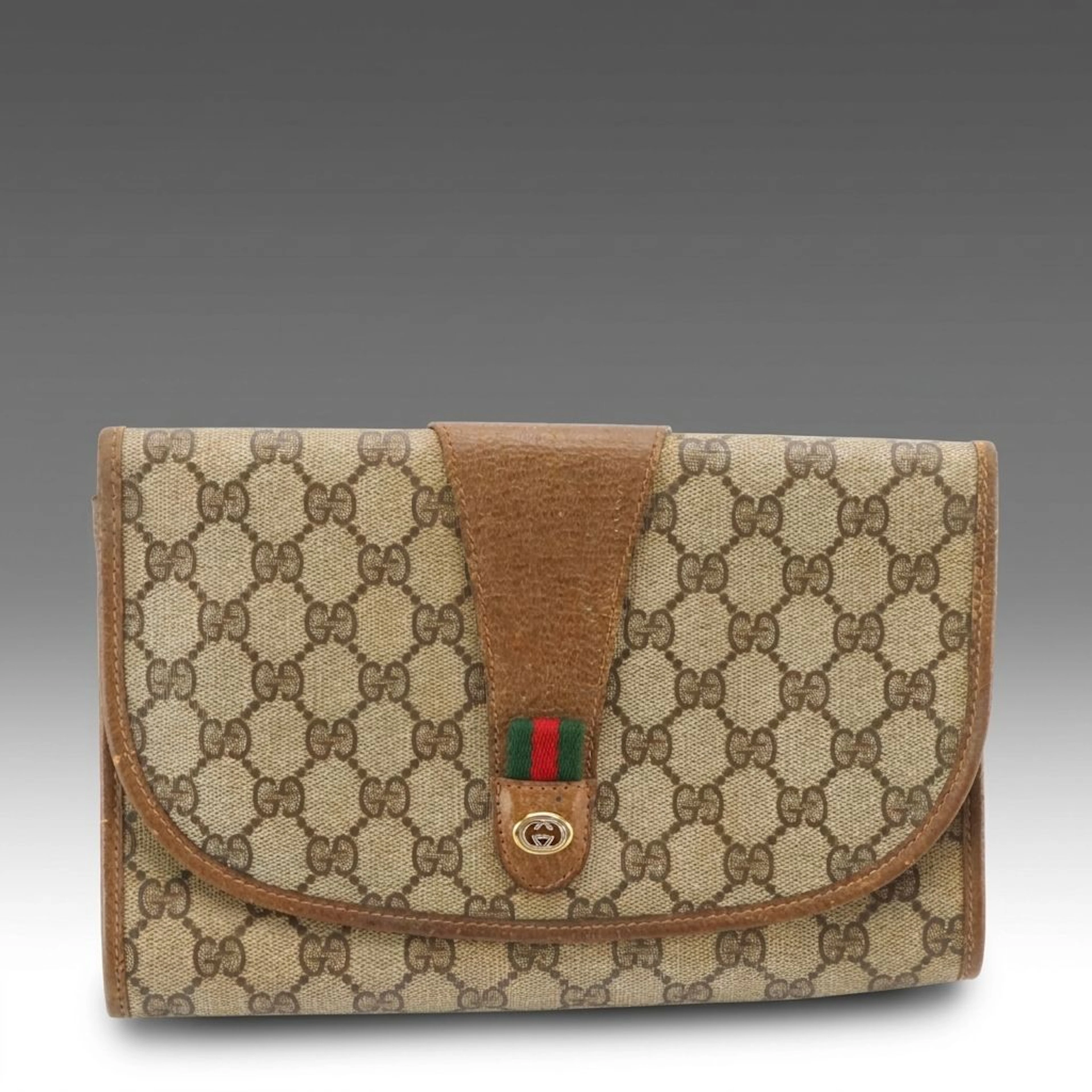 Gucci Accessory Collection Flap Clutch in Brown GG Supreme Canvas and Leather