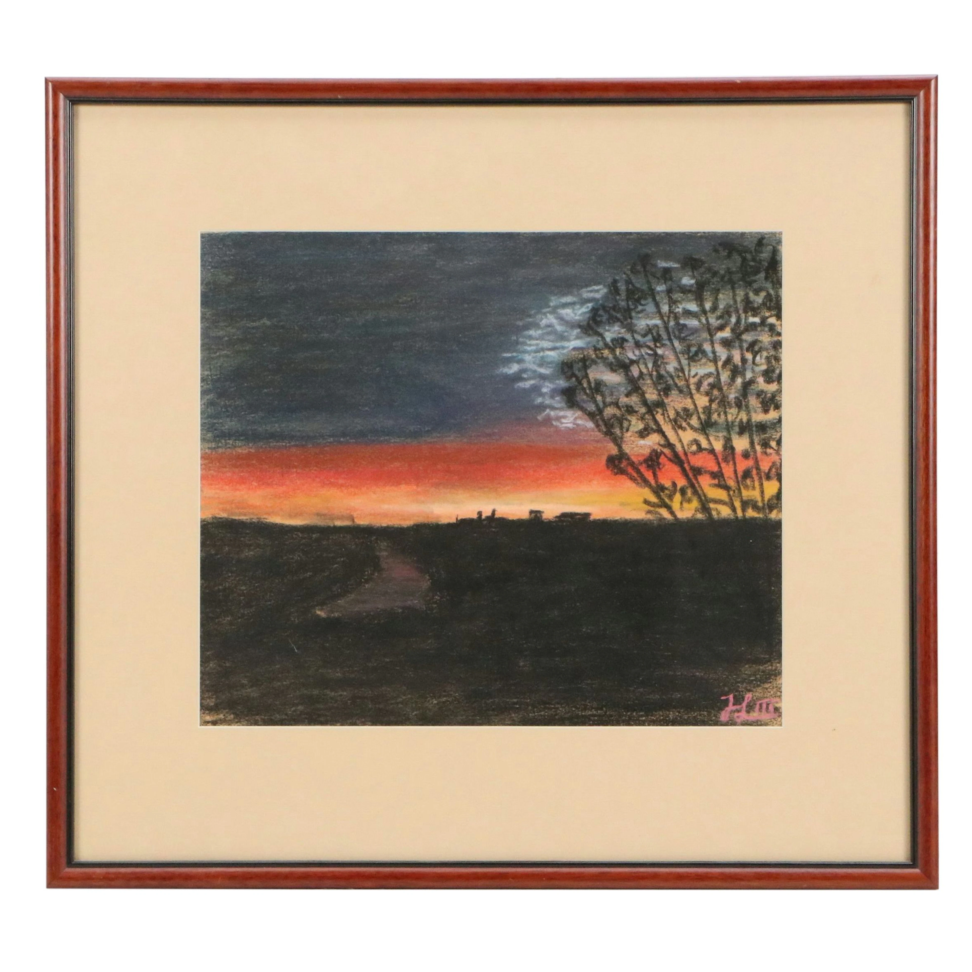 Pastel Drawing of Rural Road at Sunset, Late 20th Century