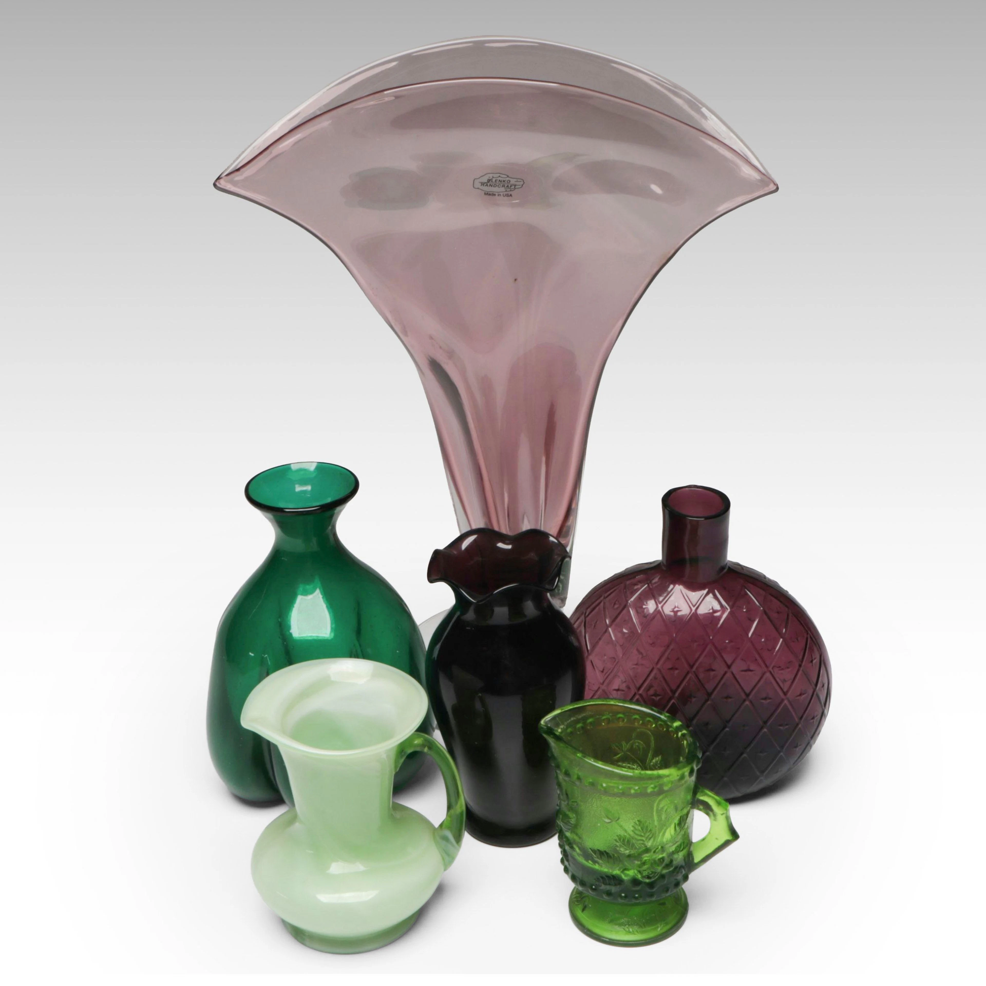 Blenko Amethyst Glass Fan Vase with Uranium Glass Pitcher and Other Glassware