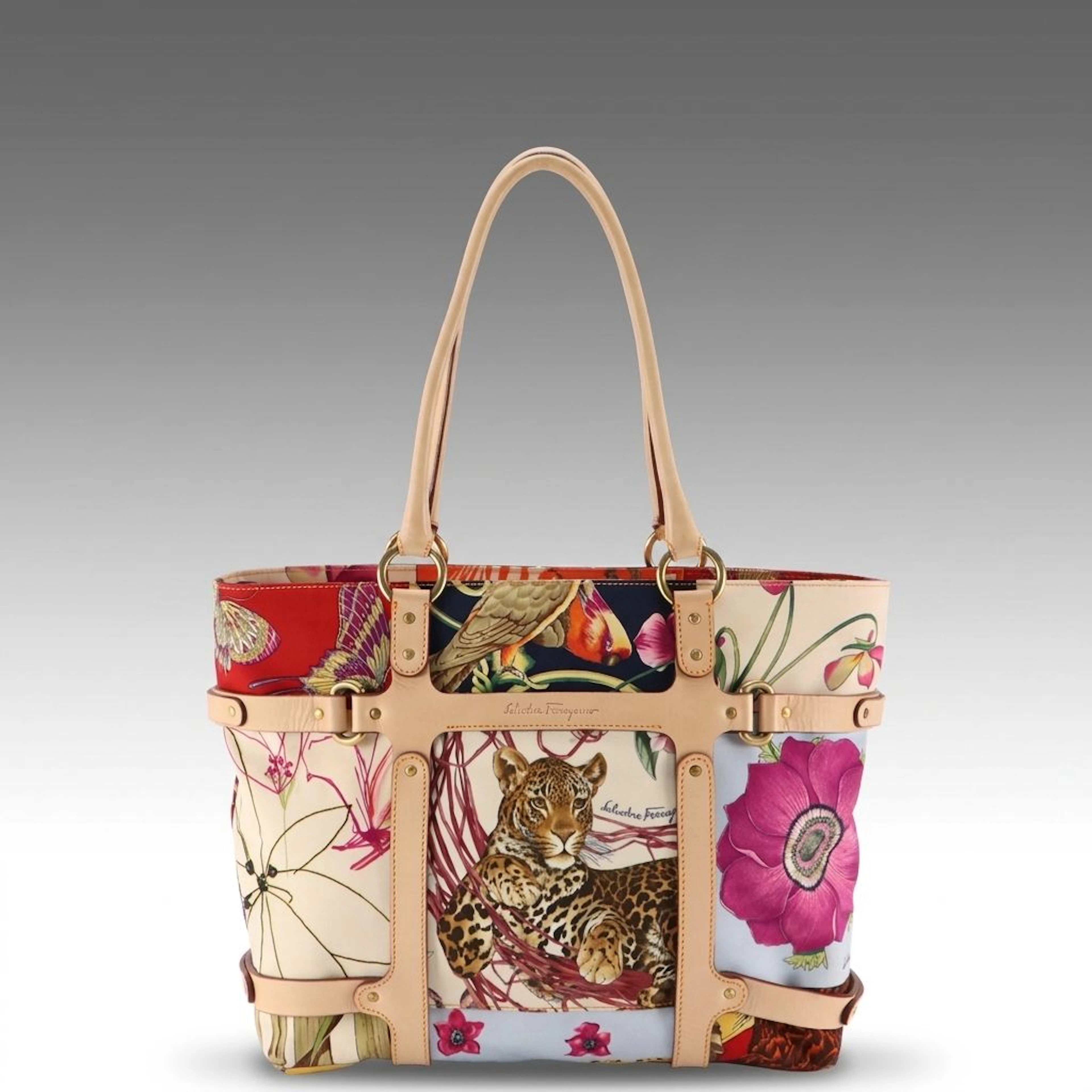 Salvatore Ferragamo Fiera Wildlife Print Tote Bag in Nylon and Tan Leather