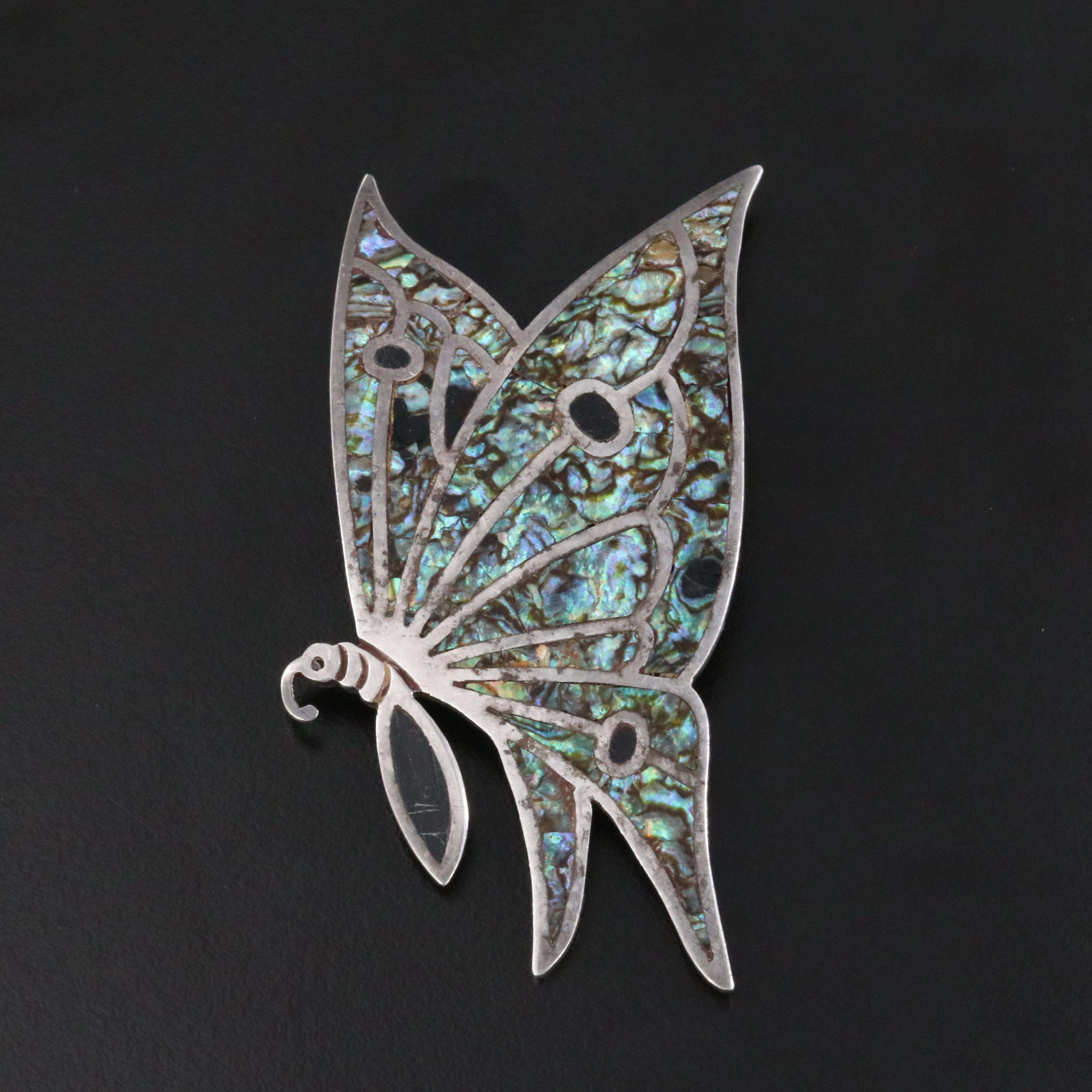 Mexican Sterling Abalone Inlay Butterfly Brooch