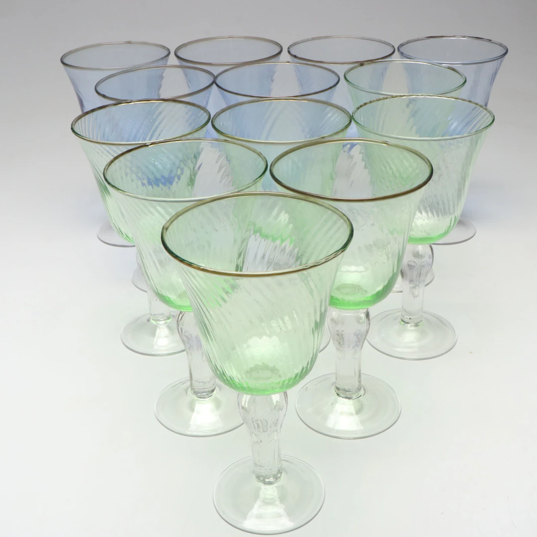 Fluted Blue and Green Blown Glass Goblets