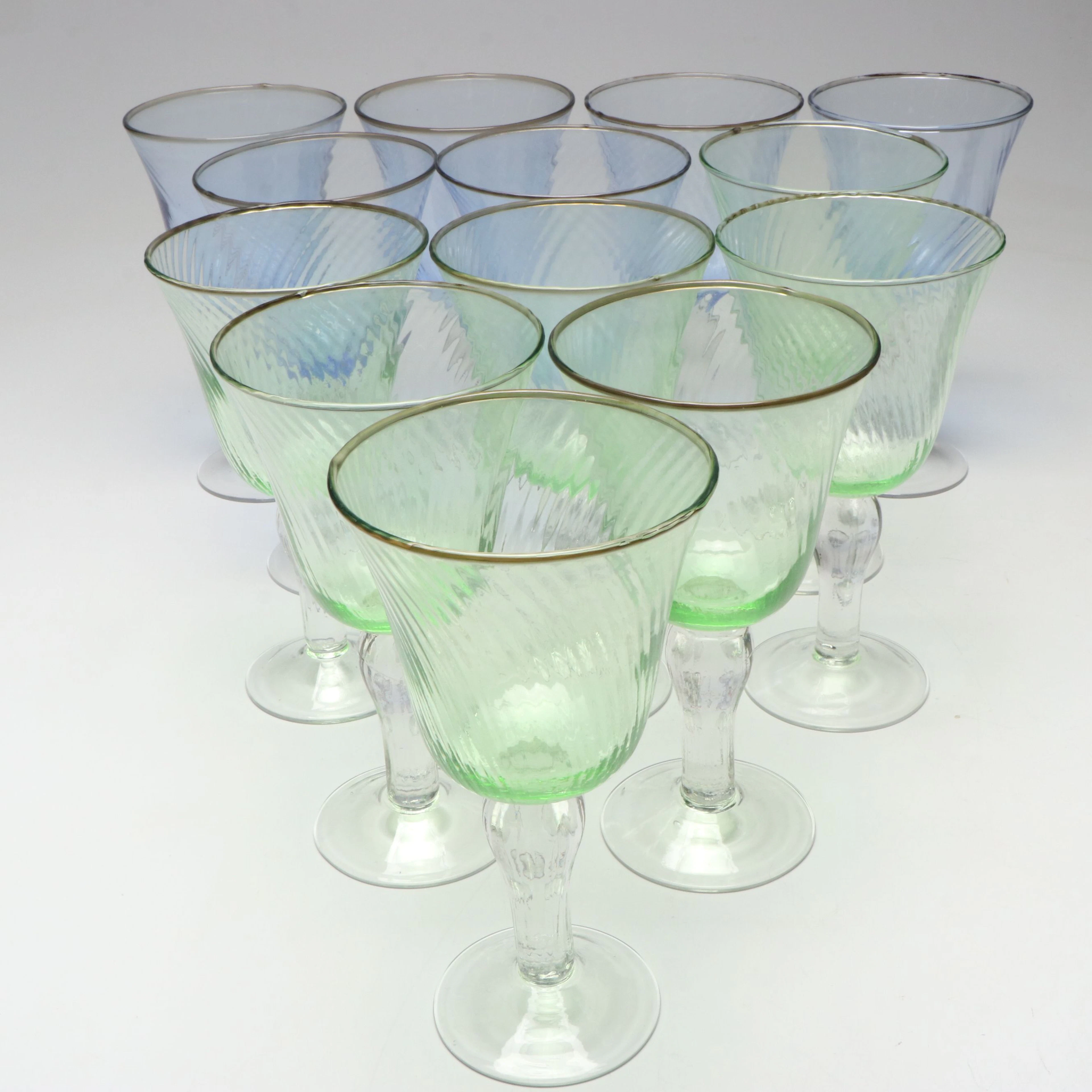 Fluted Blue and Green Blown Glass Goblets
