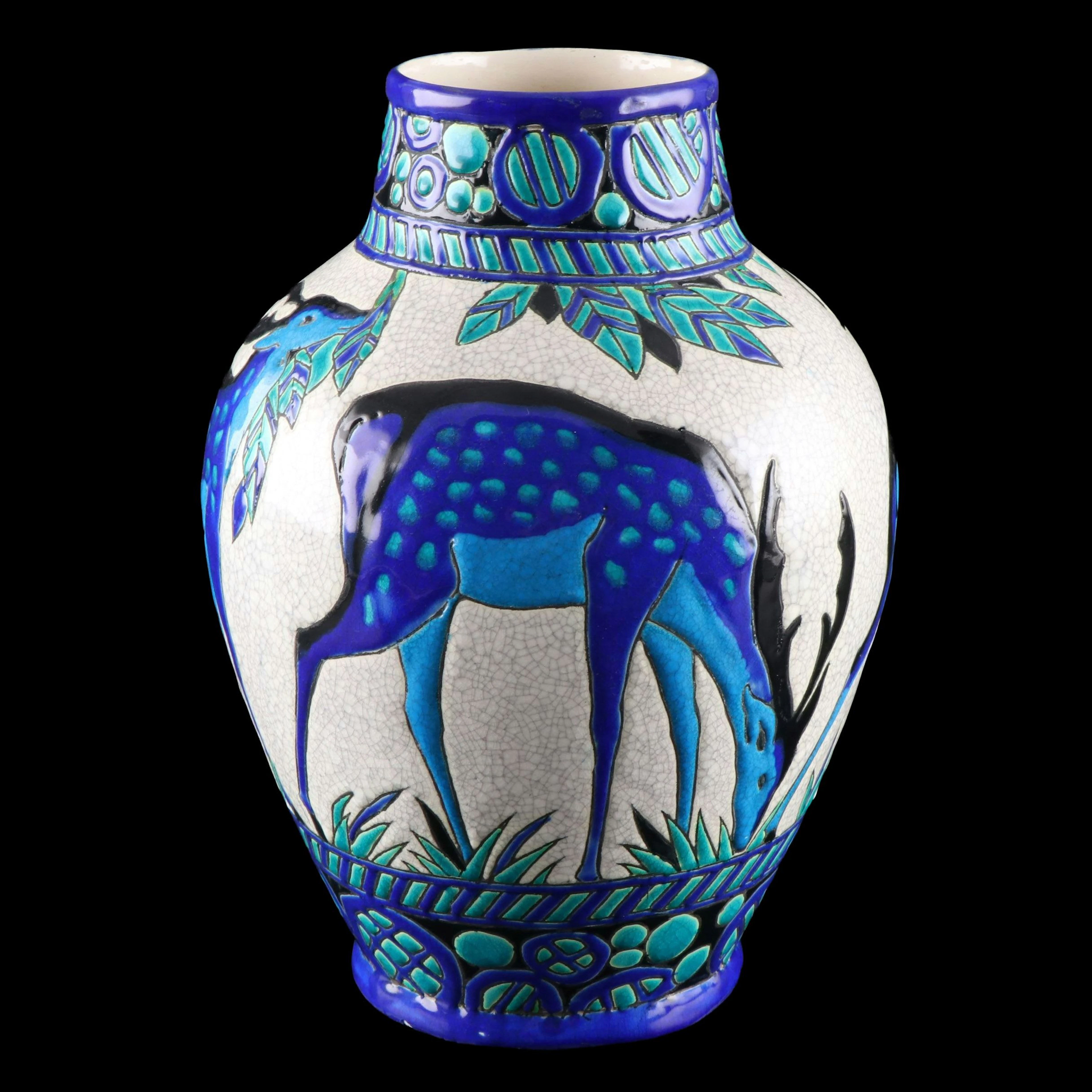 Charles Catteau for Boch Frères "Biches Bleues" Glazed Ceramic Vase, 1920s