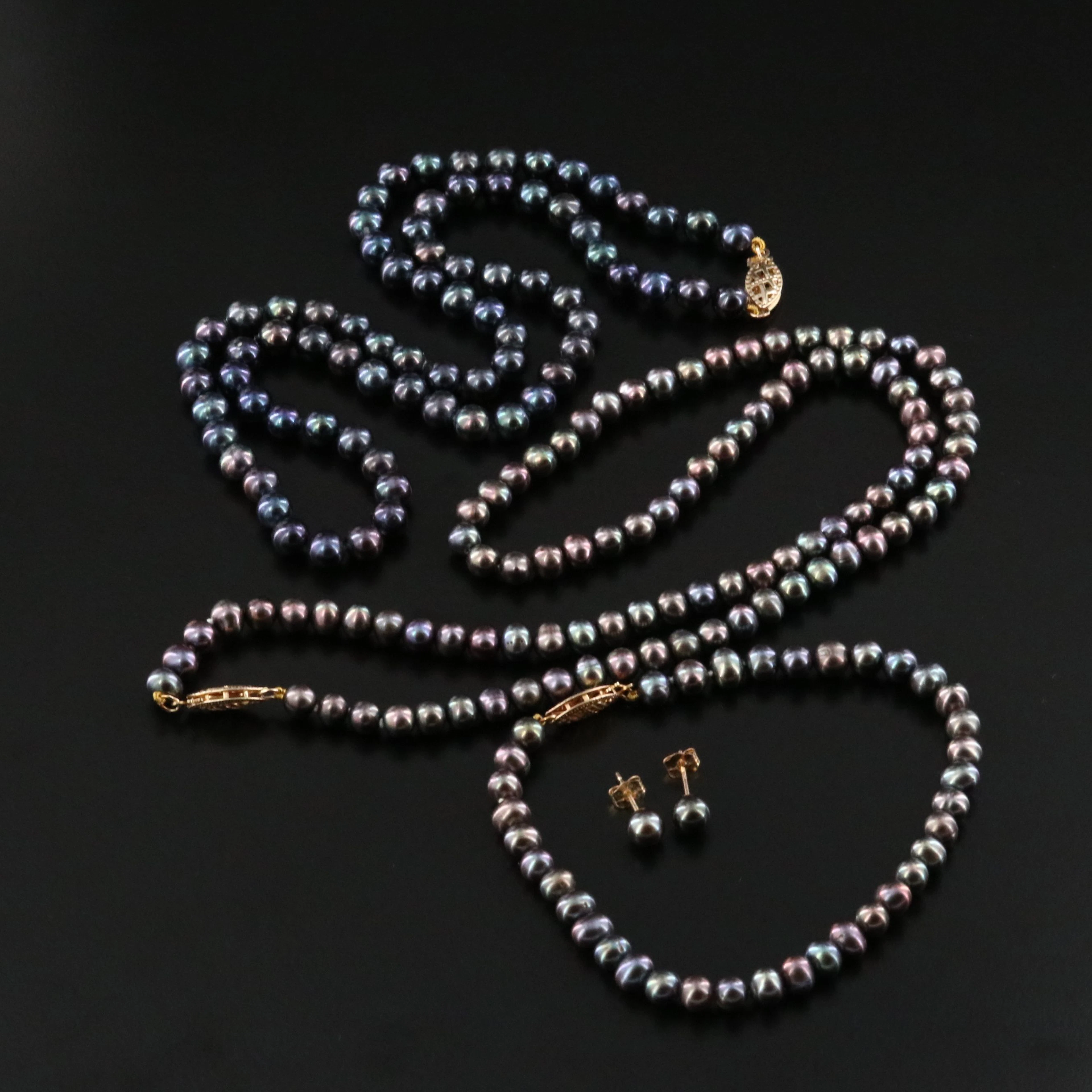 Pearl Necklaces, Bracelet and Earrings with 14K Clasps