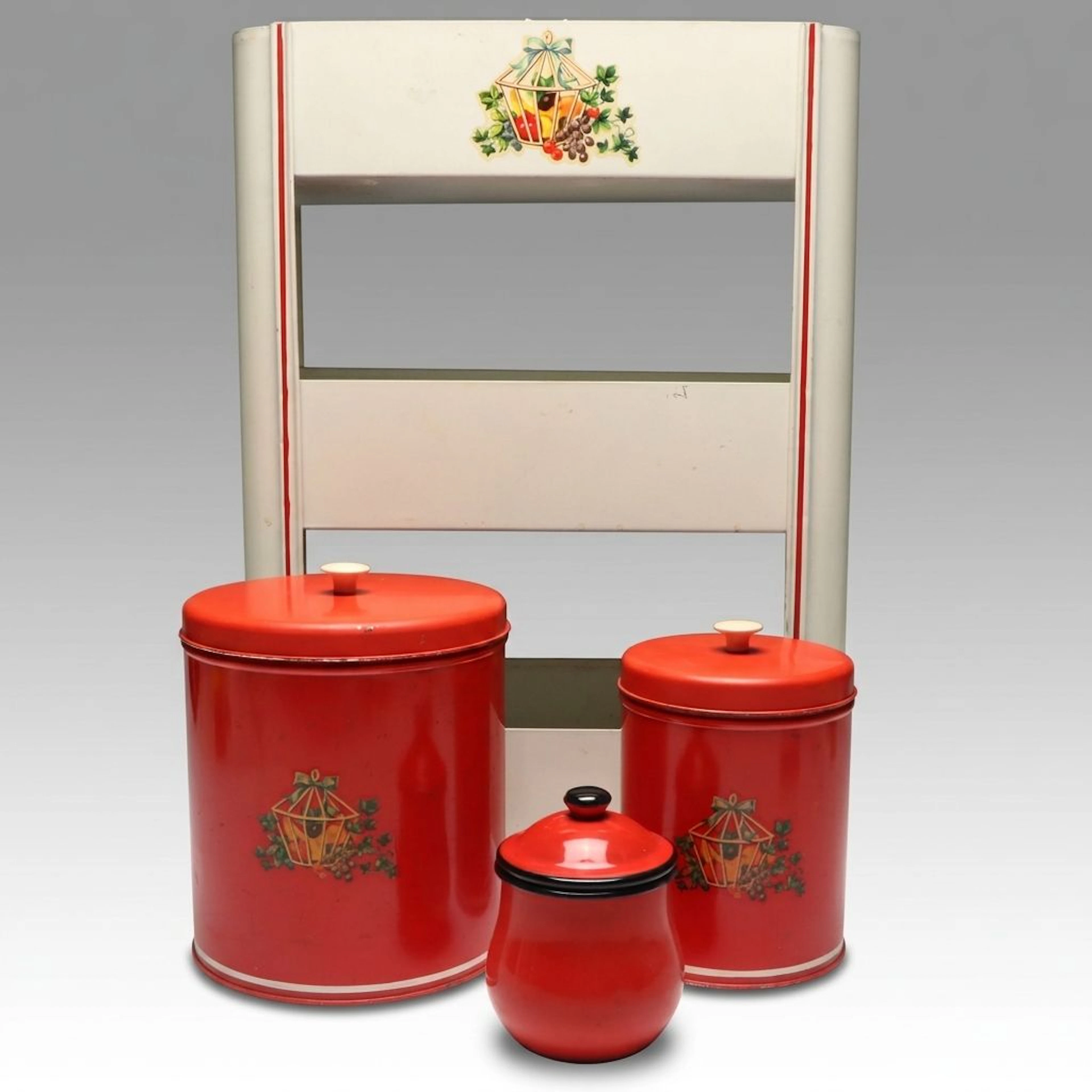 Painted Metal Spice Rack and Canister Set with Enameled Jar, Vintage