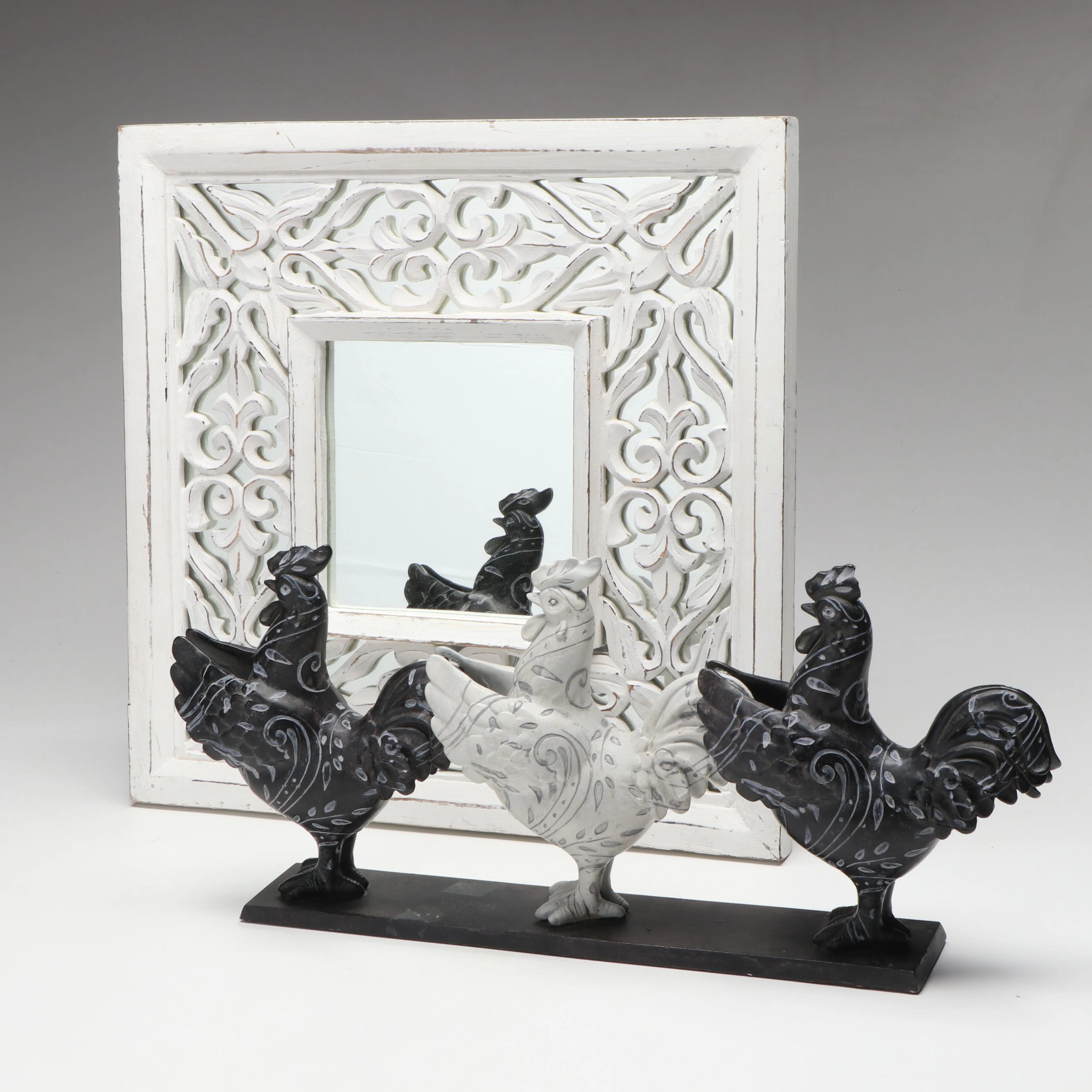 Farmhouse Style Wooden Mirror with Dancing Chicken Sculpture