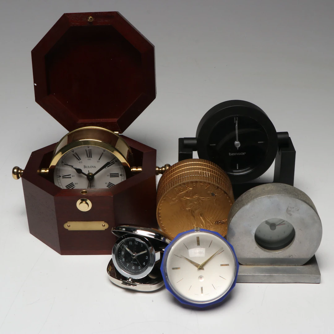 Bulova "Quartermaster" Maritime Clock with Other Contemporary Desk Clocks