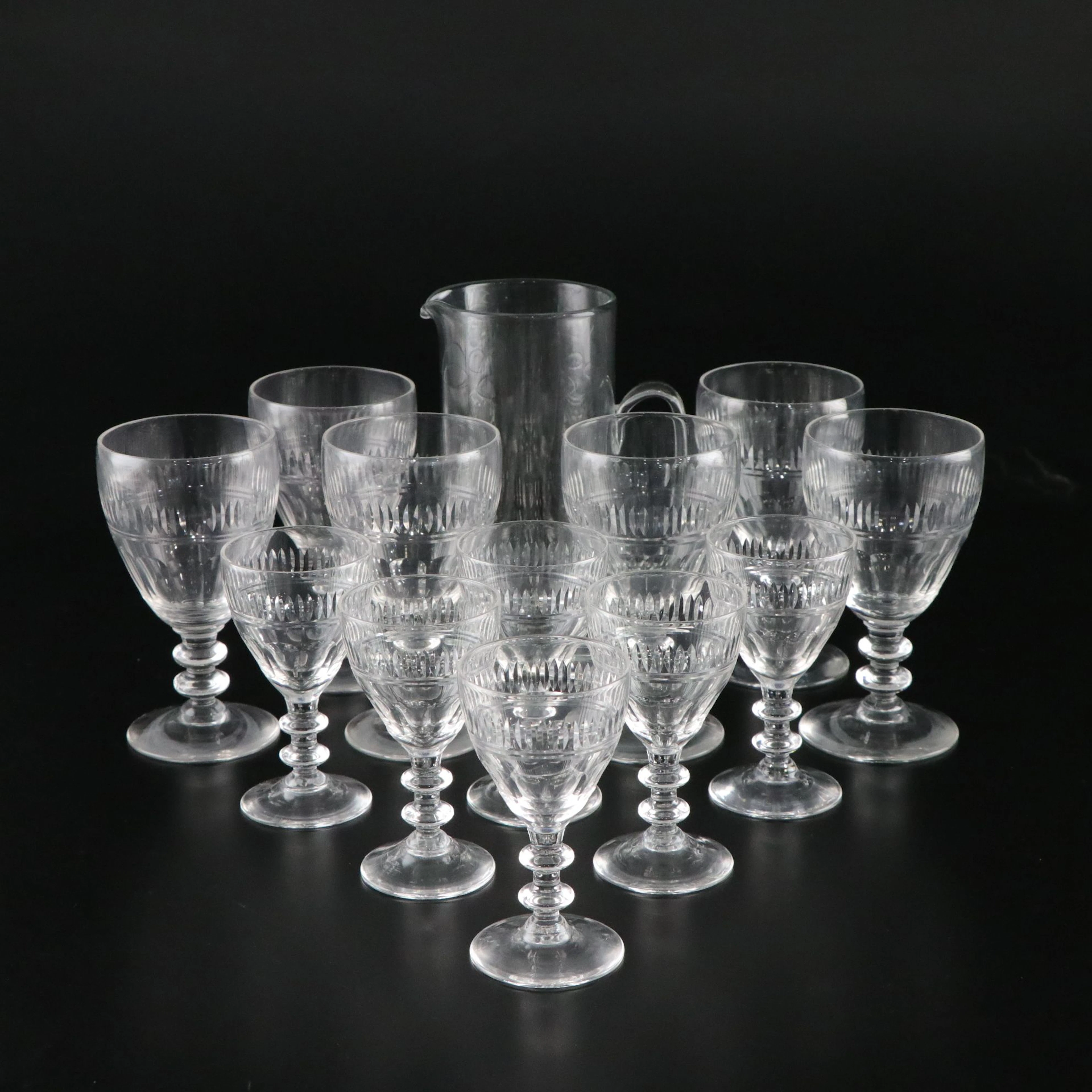 Blown Glass Pitcher and Wine Glasses