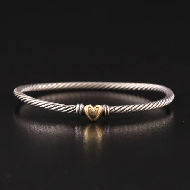 David Yurman Sterling and 18K Classic Cable Heart Station Bracelet