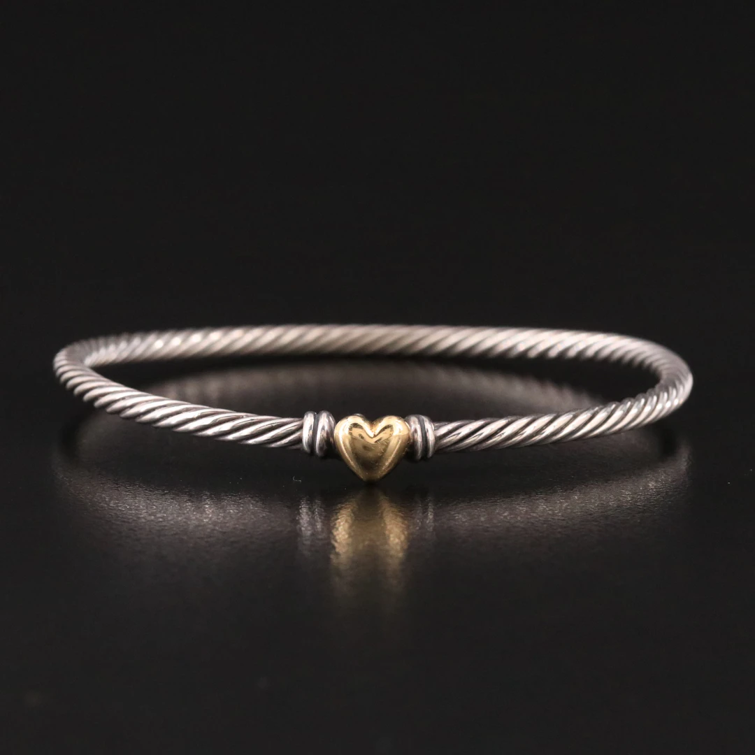 David Yurman Sterling and 18K Classic Cable Heart Station Bracelet