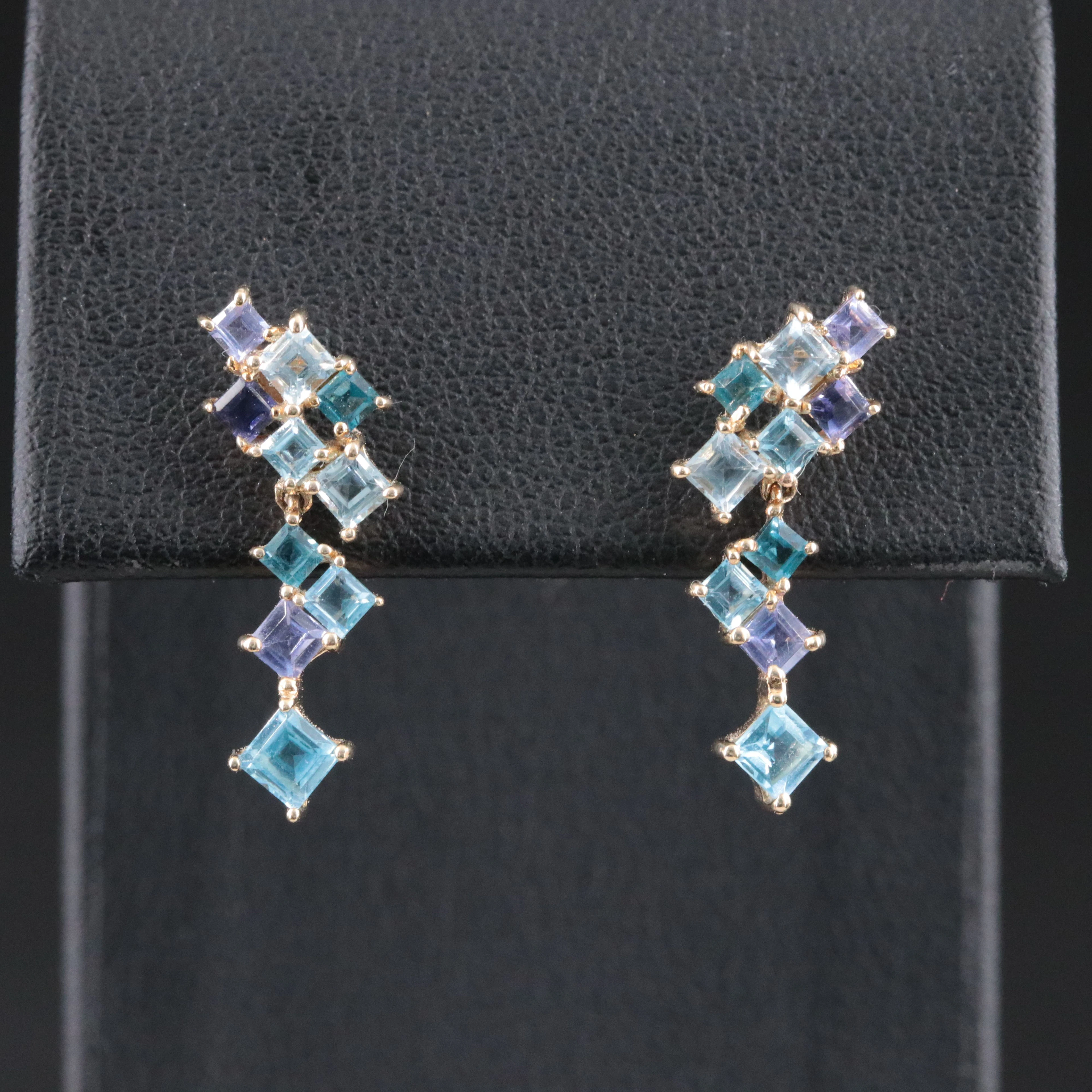 10K Blue Topaz, Spinel and Amethyst Drop Earrings