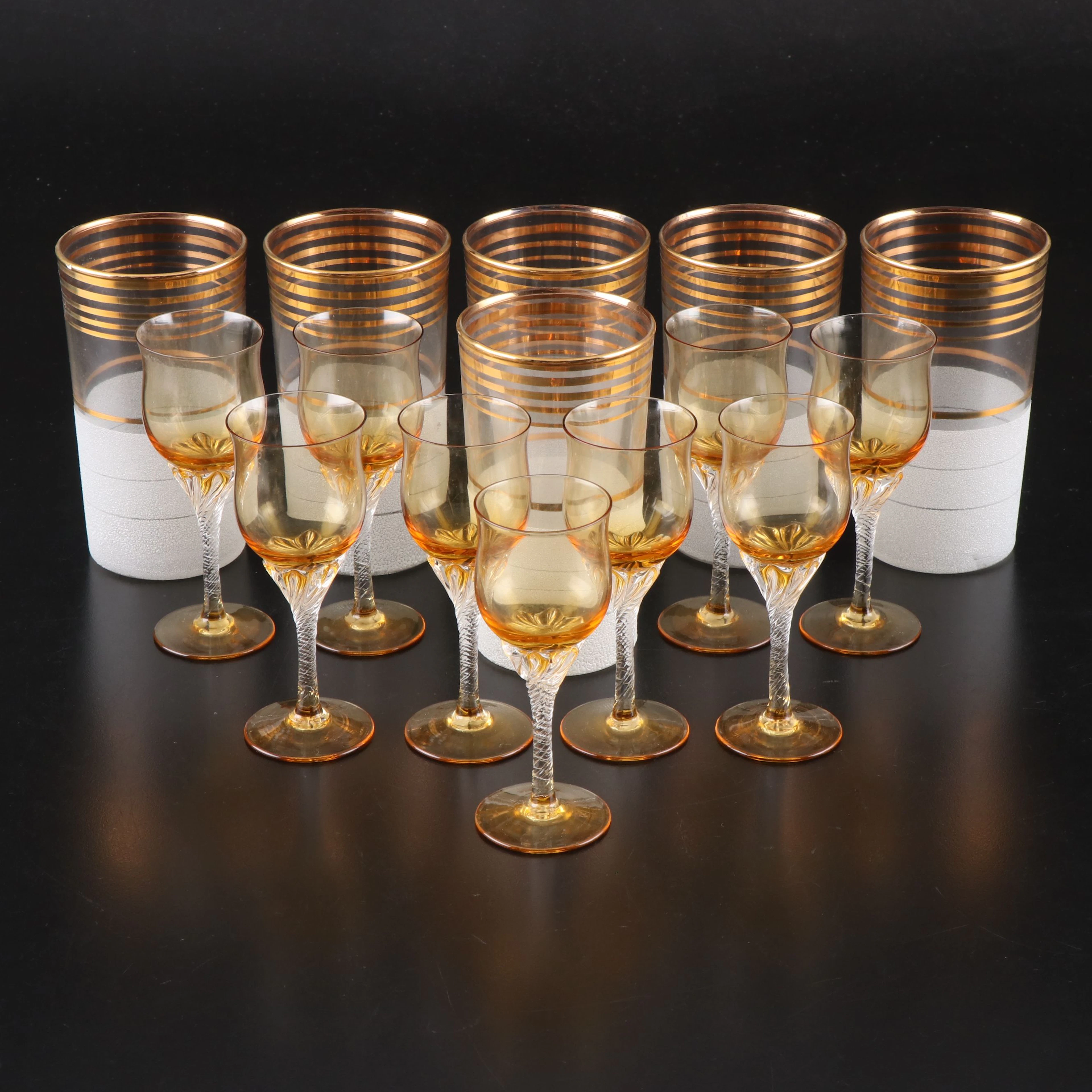 West Virginia Glass "Frost Nip" Tumblers with Twist Stem Cordial Glasses